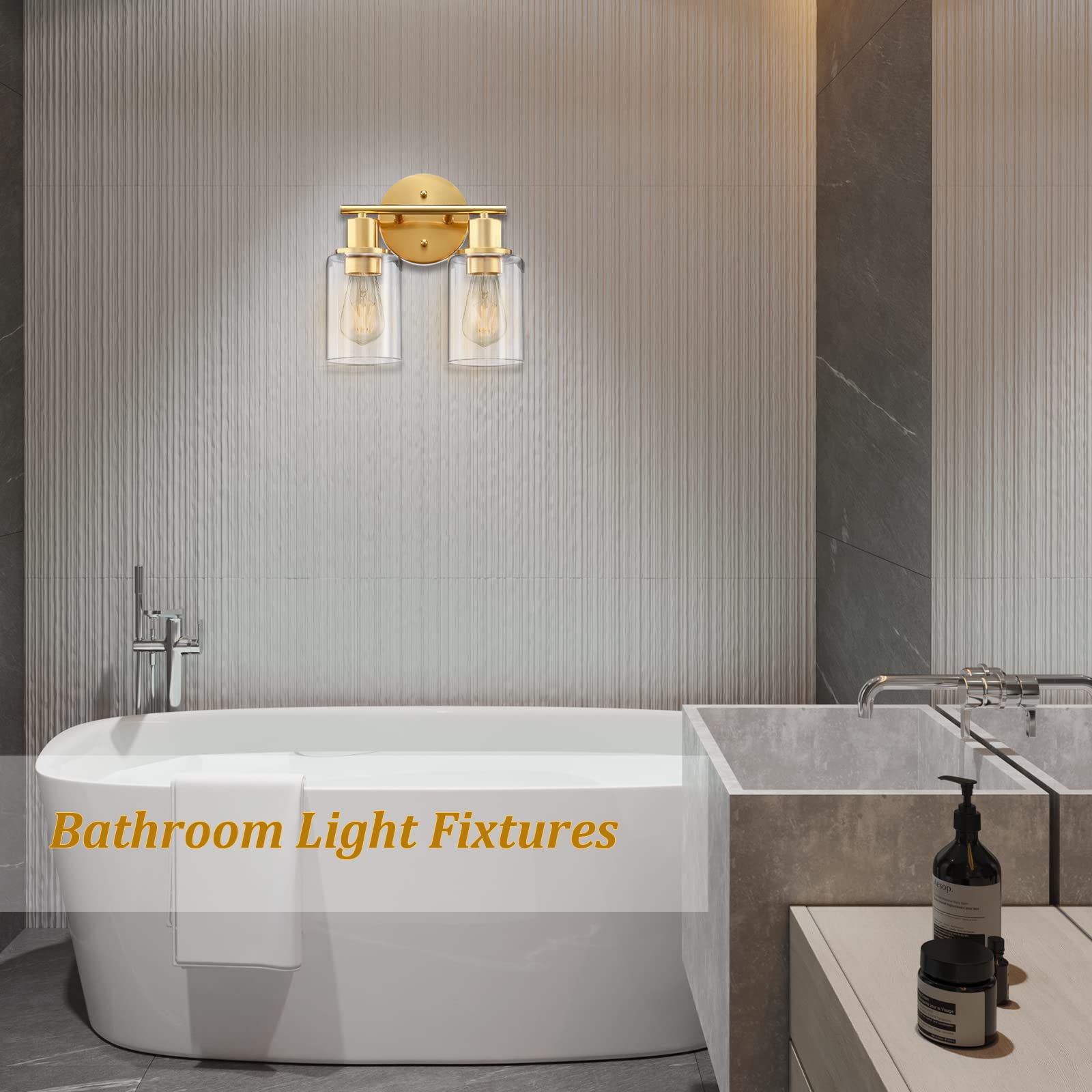 2-Light Gold Bathroom Vanity Light Fixture with Clear Glass Shades - Wall Sconce for Mirror Lighting in Bathroom, Bedroom, Living Room & Hallway | Modern Vanity Lighting for Home Decor
