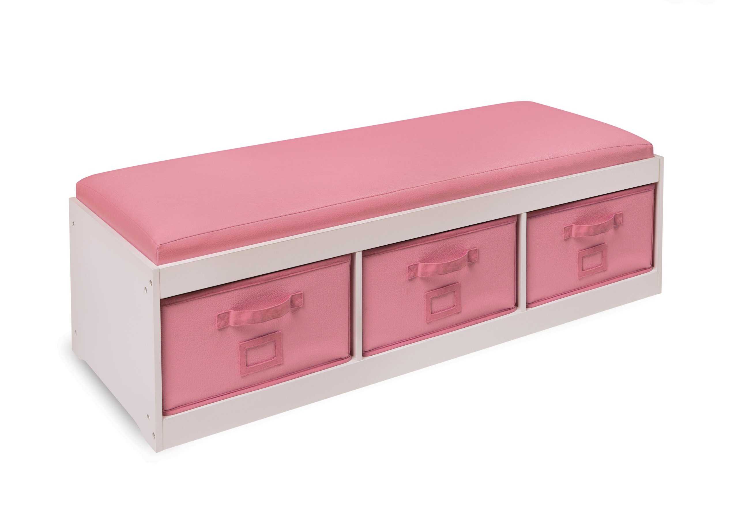 Badger Basket Kids’ Storage Bench with Cushion & 3 Bins - White & Pink, Durable Comfortable Seating for Bedroom, Playroom & Nursery Organization