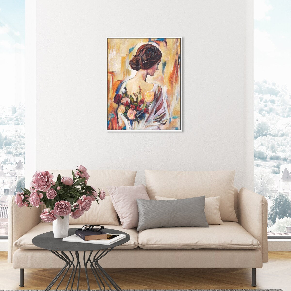 Modern White Framed Canvas Wall Art Print - Floral Back and Flowers Design for Women, Elegant Home Decor for Bedroom, Living Room & Office