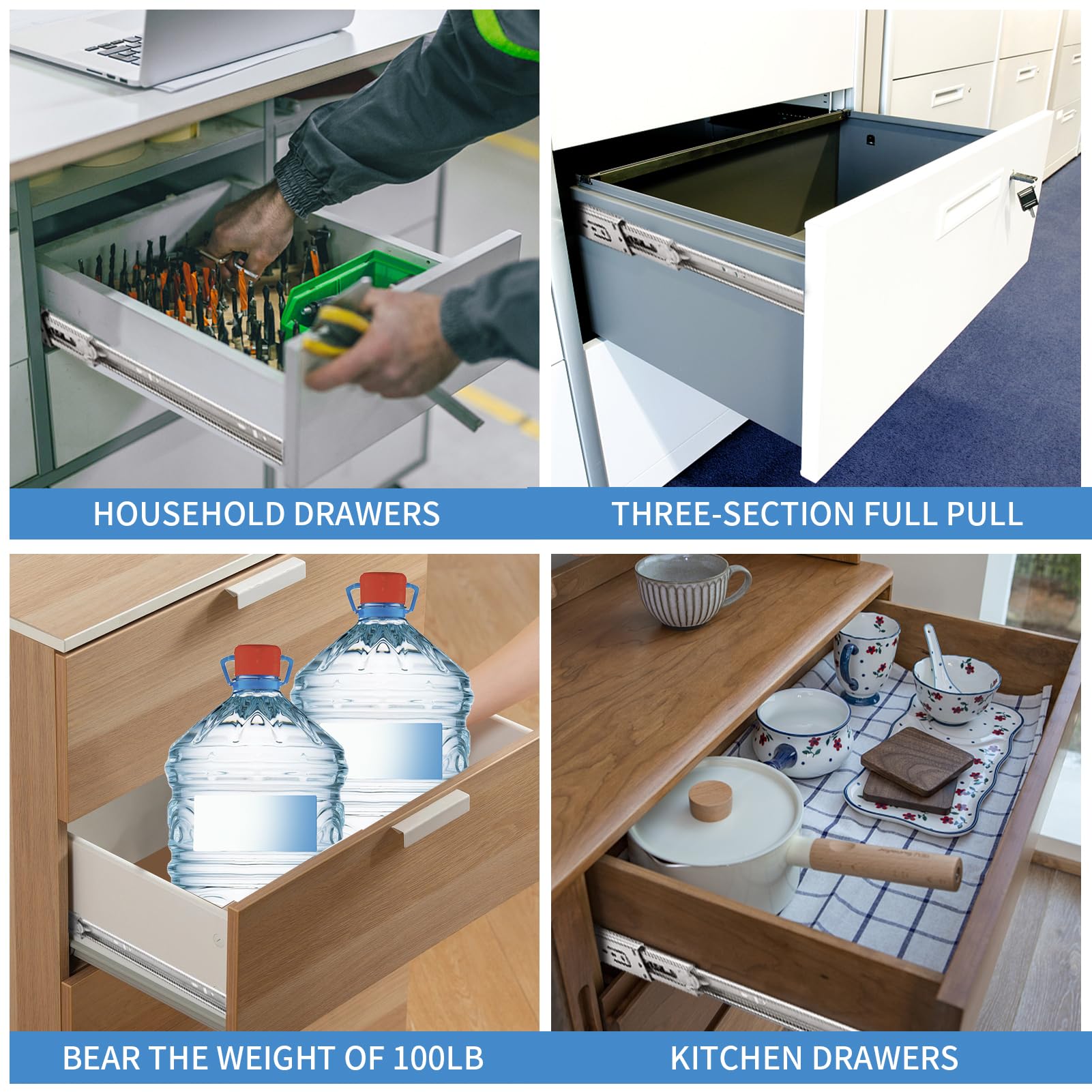 14 Inch Soft Close Drawer Slides - 6 Pairs (12pcs) Full Extension Ball Bearing Side Mount Drawer Rails - Heavy Duty 100 LB Capacity Silver Metal Dresser Runners for Kitchen Cabinets, Wardrobes, File Cabinets & Trash Cans - Smooth Gliding & Quiet Operation