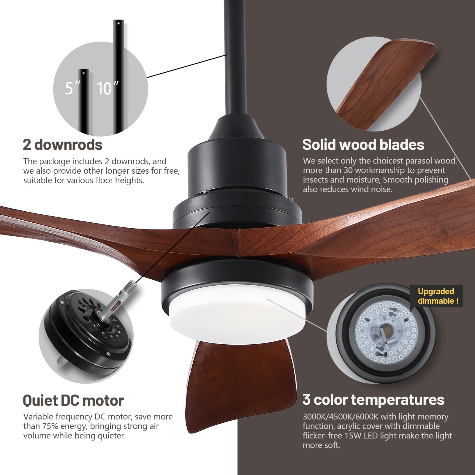 42 Inch Wood Ceiling Fan with Light and Remote Control - Upgraded Dimmable Quiet Reversible DC Motor, 3 Blade 6 Speed Black Ceiling Fan for Farmhouse, Living Room, Bedroom, Dining Room, Office - Perfect for Home Cooling and Stylish Interior Decor