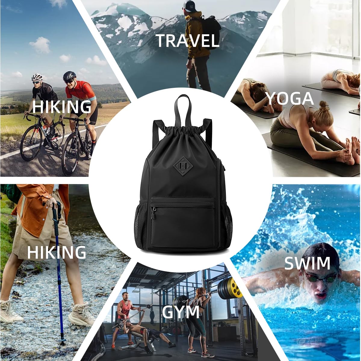 Valleycomfy Waterproof Gym Backpack for Men & Women - Lightweight Sports Bag with Drawstring & Side Pocket - Perfect for Workout, Travel & Outdoor Activities (Black)