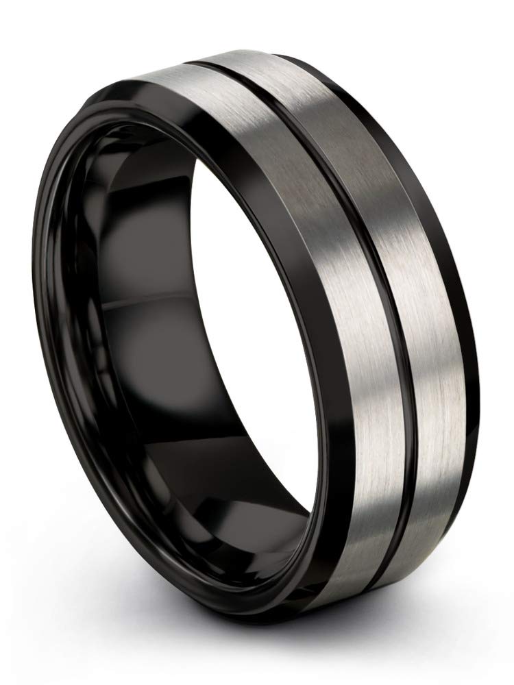 Tungsten Carbide Wedding Band Ring 8mm for Men & Women - Blue Black Center Line, Grey Exterior with Bevel Edge, Brushed & Polished Finish - Custom Engraved for Anniversaries & Engagements - Perfect for Everyday Wear, Special Occasions & Gift Giving