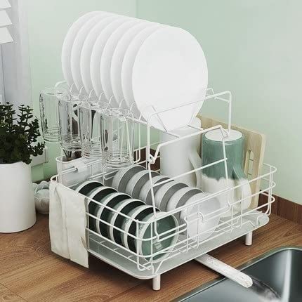 Stainless Steel 2-Tier Dish Drying Rack with Drip Tray & Utensil Holder - Removable Kitchen Sink Organizer for Countertop - Space Saving Dish Drainer for Small Kitchens (Color: Black) | Perfect for Compact Spaces & Dishwashing Organization