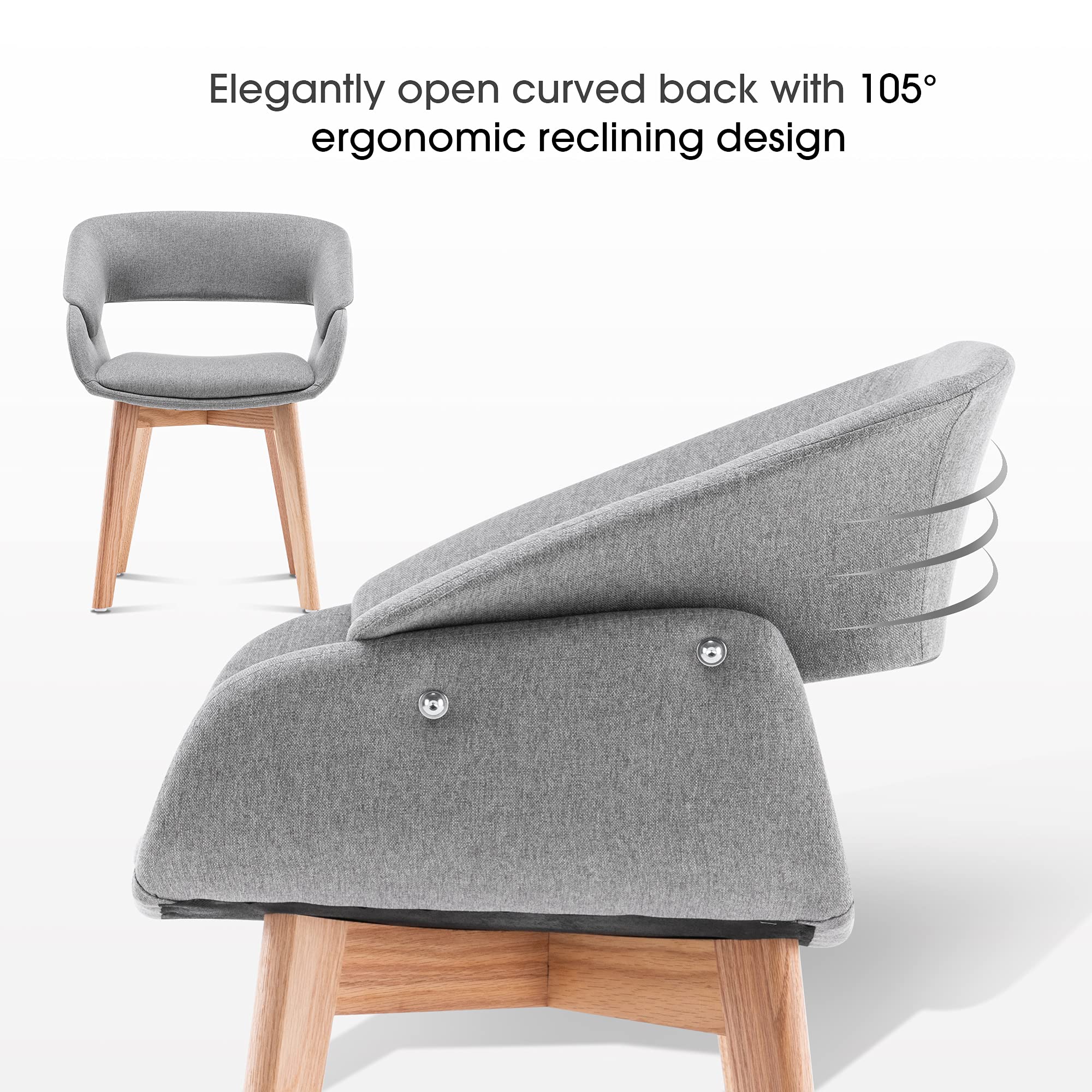 Modern Mid-Century Accent Arm Chairs Set of 2 - Linen Upholstered Dining Room Chairs with Solid Wood Legs & Cushions (Grey) - Perfect for Living Room, Dining Area, Guest Seating & Lounge Decor