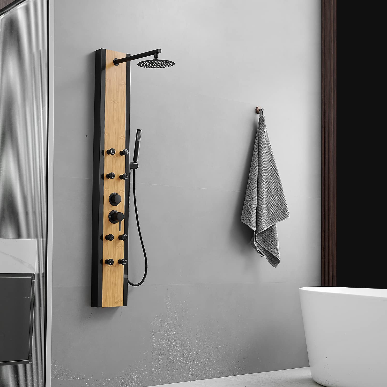 BWE 8-Jet Multifunction Shower Panel System - Black Stainless Steel & Bamboo Wood Massage Panel with Handheld Shower Wand - Wall Mount Shower Column for Spa-Like Relaxation in Bathroom