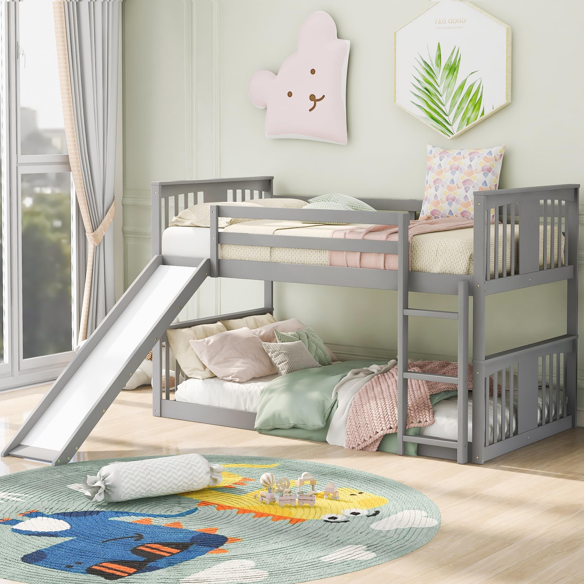 Montessori Twin Over Twin Bunk Bed with Slide & Ladder - Low Profile Kids Bunk Bed with Safety Guardrail, Headboard & Footboard - Gray Bunk Bed for Boys & Girls - Perfect for Small Bedrooms, Playrooms & Montessori Learning Spaces