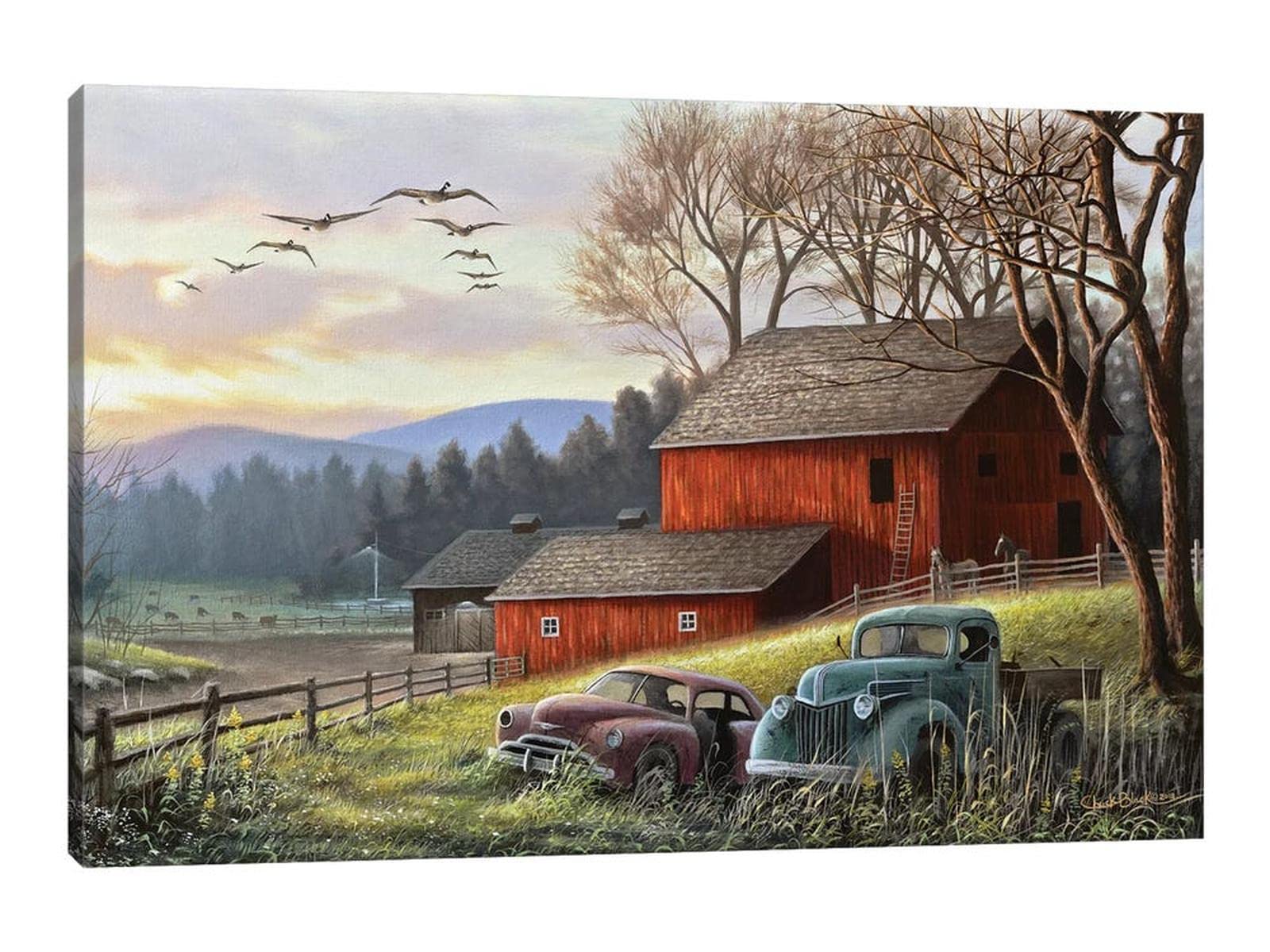 GUTTATY Rustic Farmhouse Wall Decor - Vintage Truck Canvas Art with Autumn Barn Landscape - 28x40 Inches Country Home Picture for Living Room, Bedroom & Office