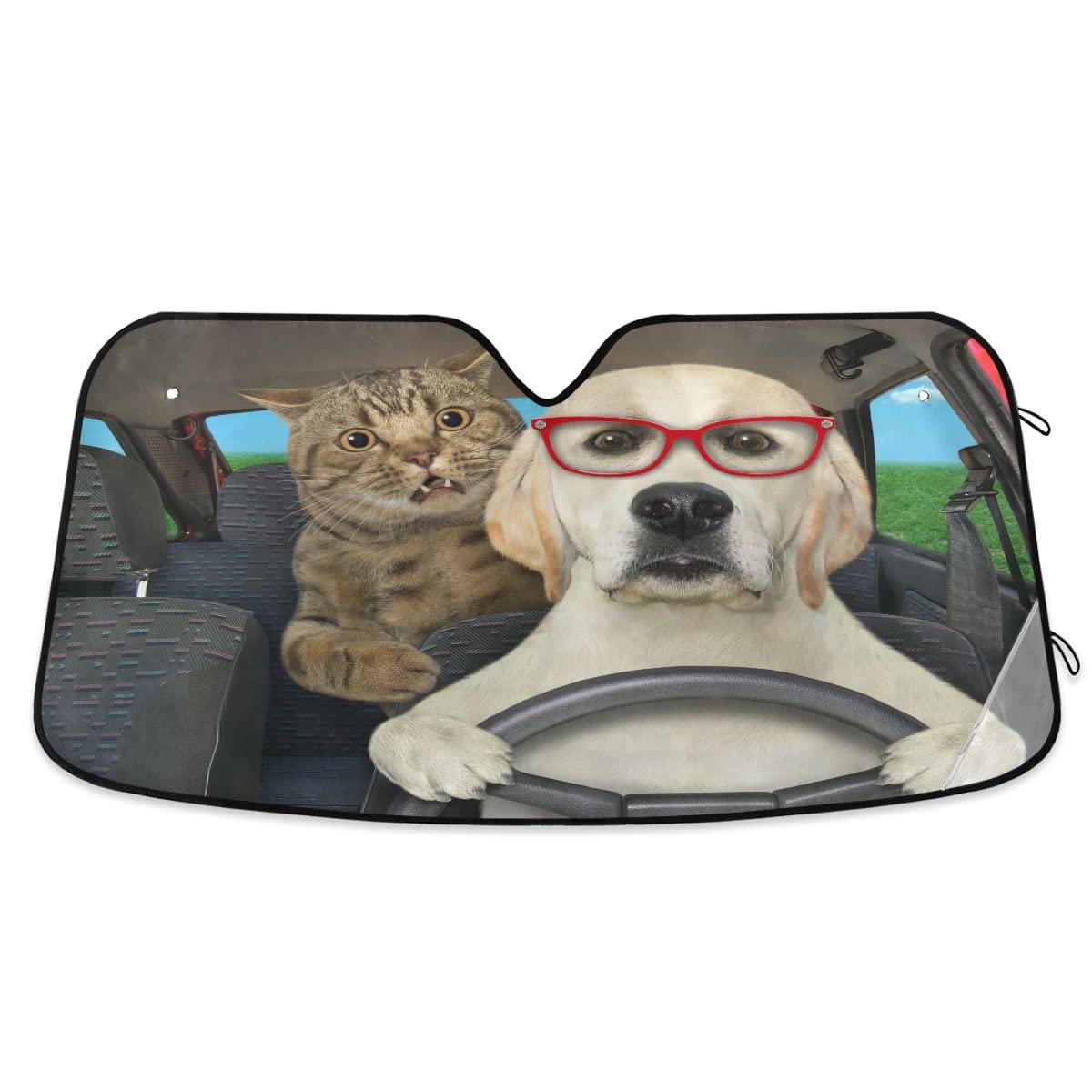 Funny Dog Driving Cat Car Front Windshield Sun Shade - UV Blocking Accordion Fold Auto Sun Visor Protector for Pets | Perfect for Summer Parking & Road Trips