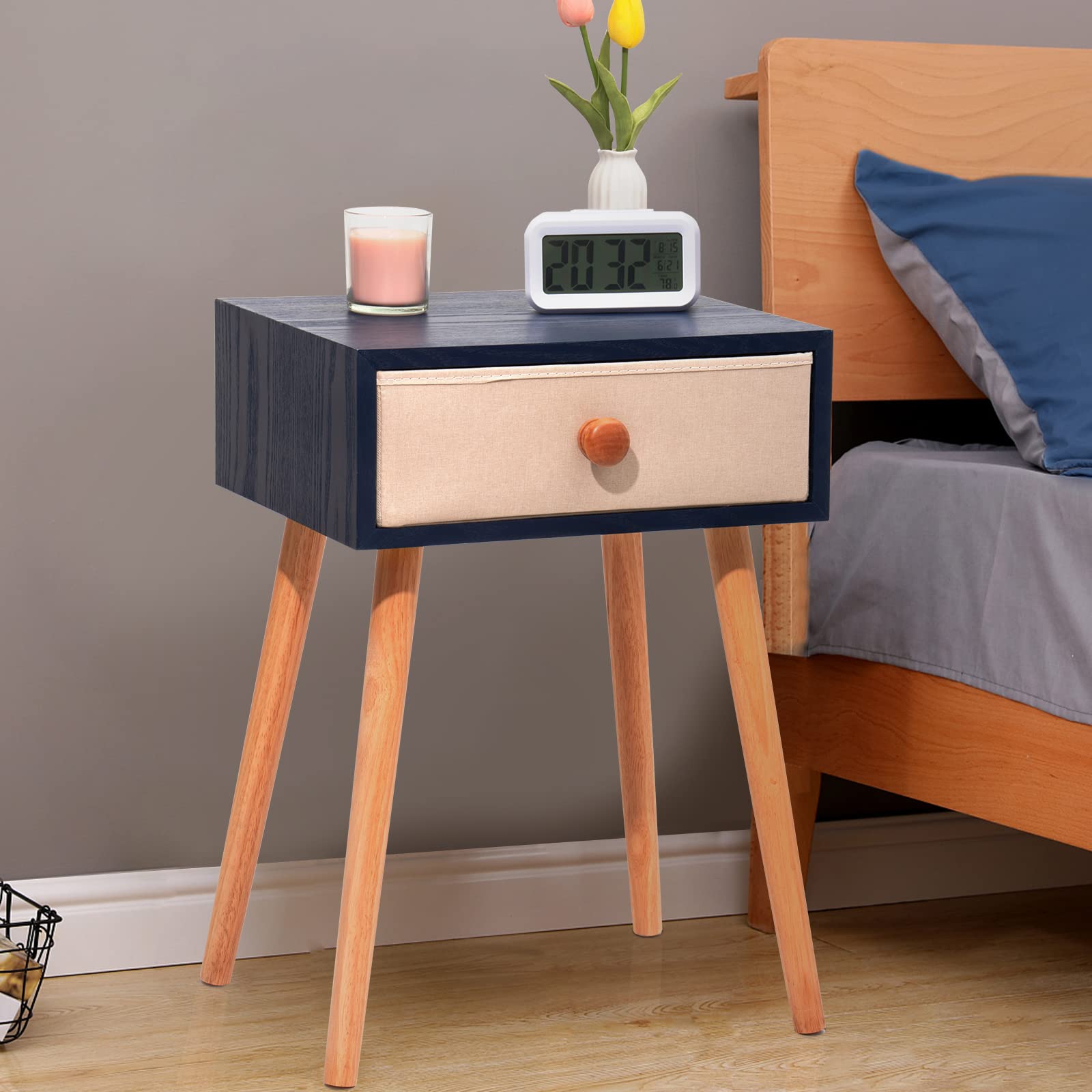 Vintage Wooden Nightstand with Fabric Drawer - Small End Table for Bedroom & Living Room | Solid Wood Legs Bedside Table | Blue Bedroom Furniture | Perfect for Apartment, Dorm, Guest Room & Nursery