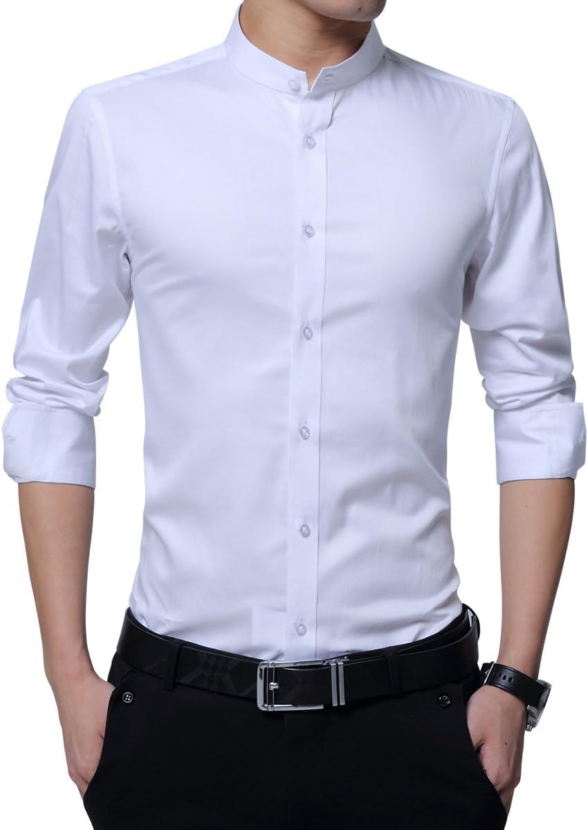 Men's Formal & Casual Slim Fit Long Sleeve Tuxedo Shirts with Grandad Collar - White, Black, Dark Blue - Perfect for Weddings, Business Meetings & Smart Casual Outfits