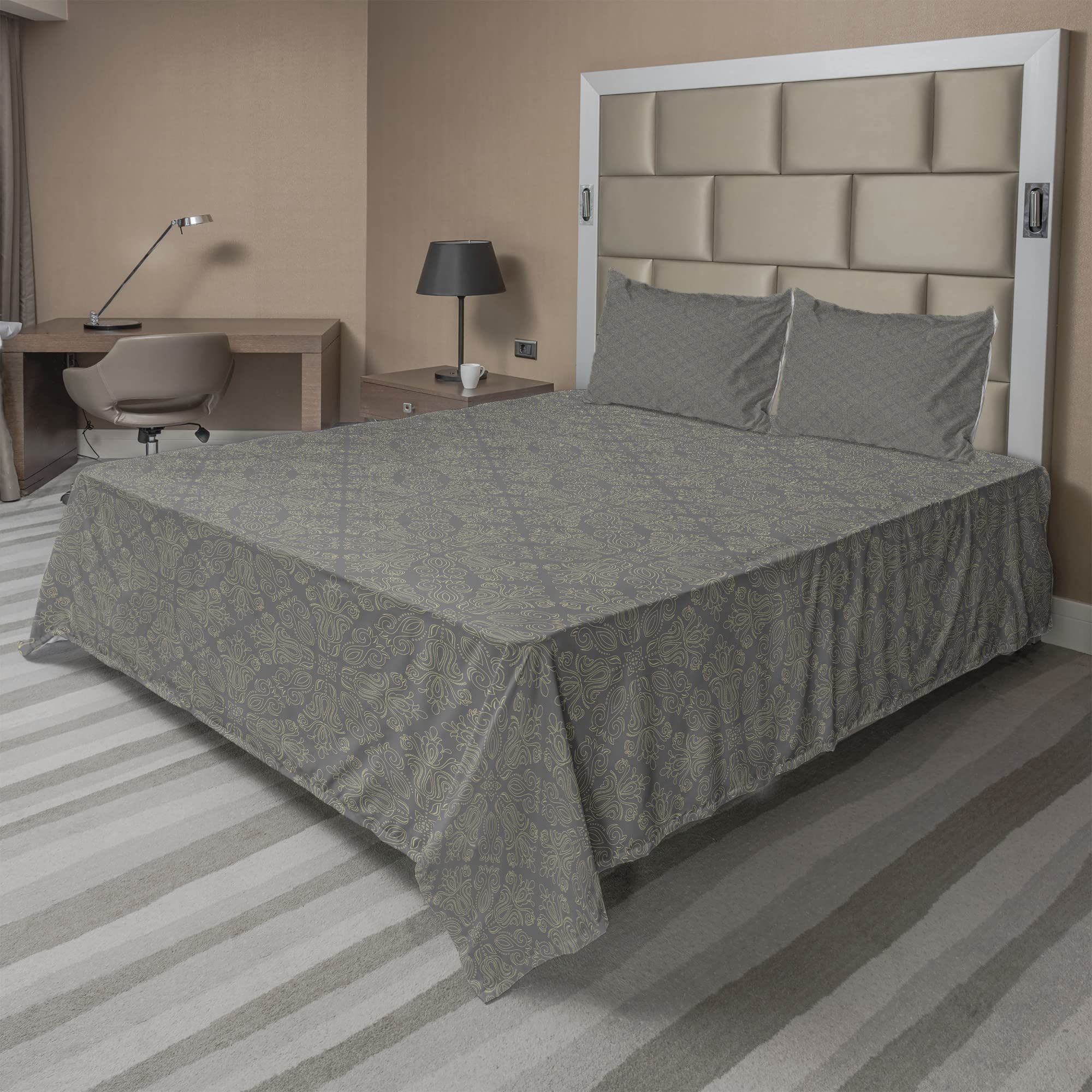 Ambesonne Abstract Sheet Set - Bicolored Retro Curlicue Classical Print, 4-Piece King Size Bedding with Fitted Sheet, Flat Sheet & Pillowcases in Dimgray Dark Tan | Perfect for Modern Bedrooms, Guest Rooms & Bohemian Home Decor