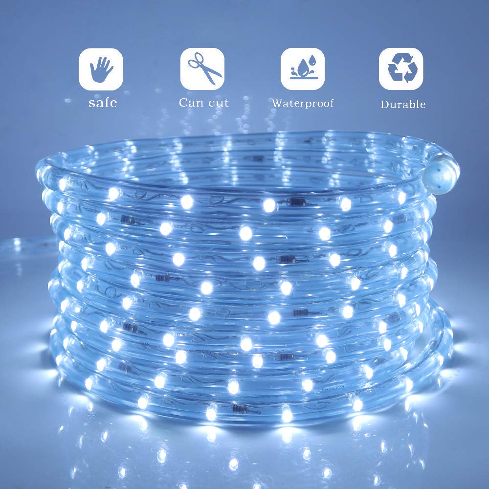 XUNATA 63ft LED Rope Lights - 6500K Daylight White Waterproof LED Strip Lights with 8 Modes (Flickering/Fading), Connectable for Indoor & Outdoor Use - Perfect for Home Decoration, Parties, Christmas, Garden, and Patio Lighting