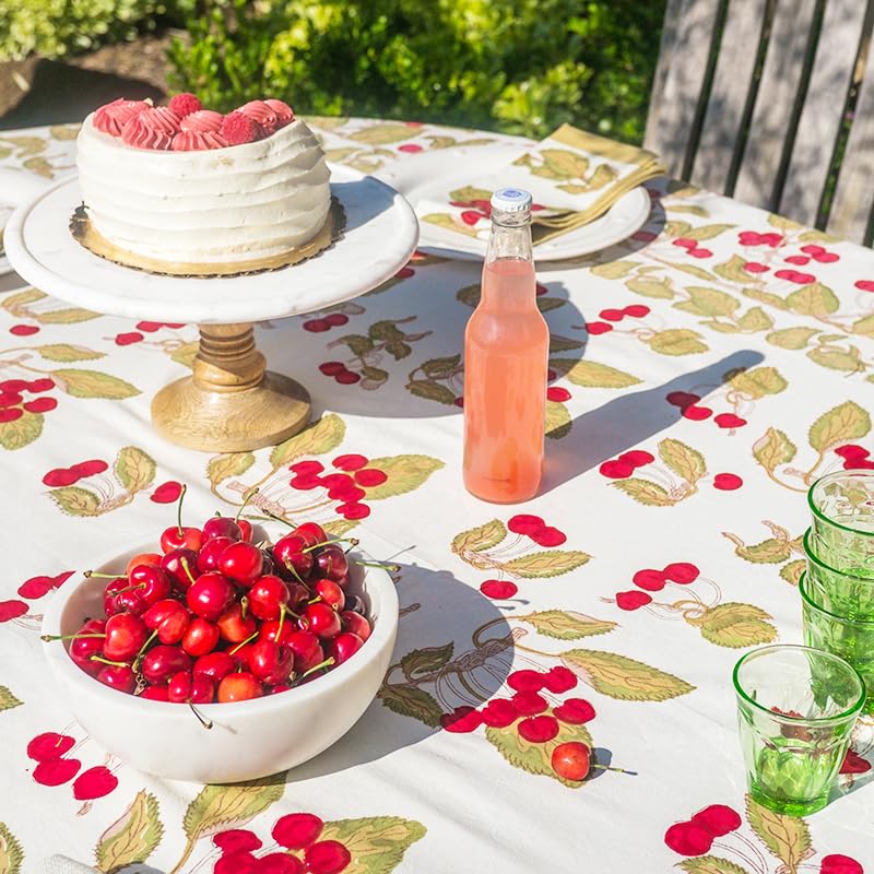 Round French Tablecloth by Couleur Nature - 70 Inch Cotton Cherry Red & Green Checkered Table Cover for Dining, Kitchen, and Outdoor Picnics