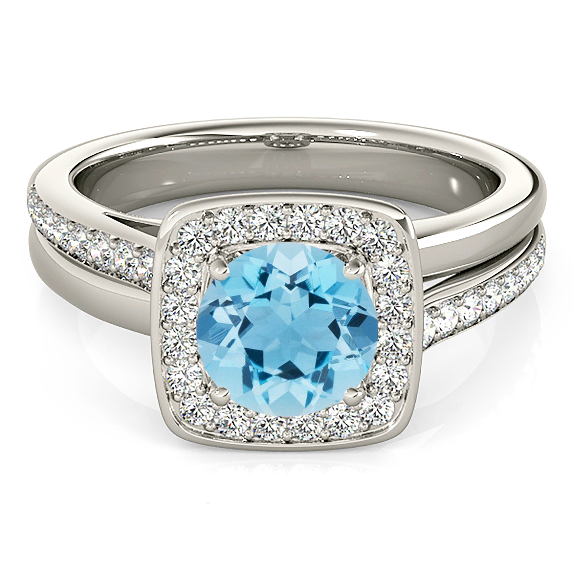 1.10 ct Genuine Round Aquamarine Ring with Bezel Set Square Halo - Elegant Birthstone Jewelry for Women, Perfect for Engagement, Anniversary & Special Occasions