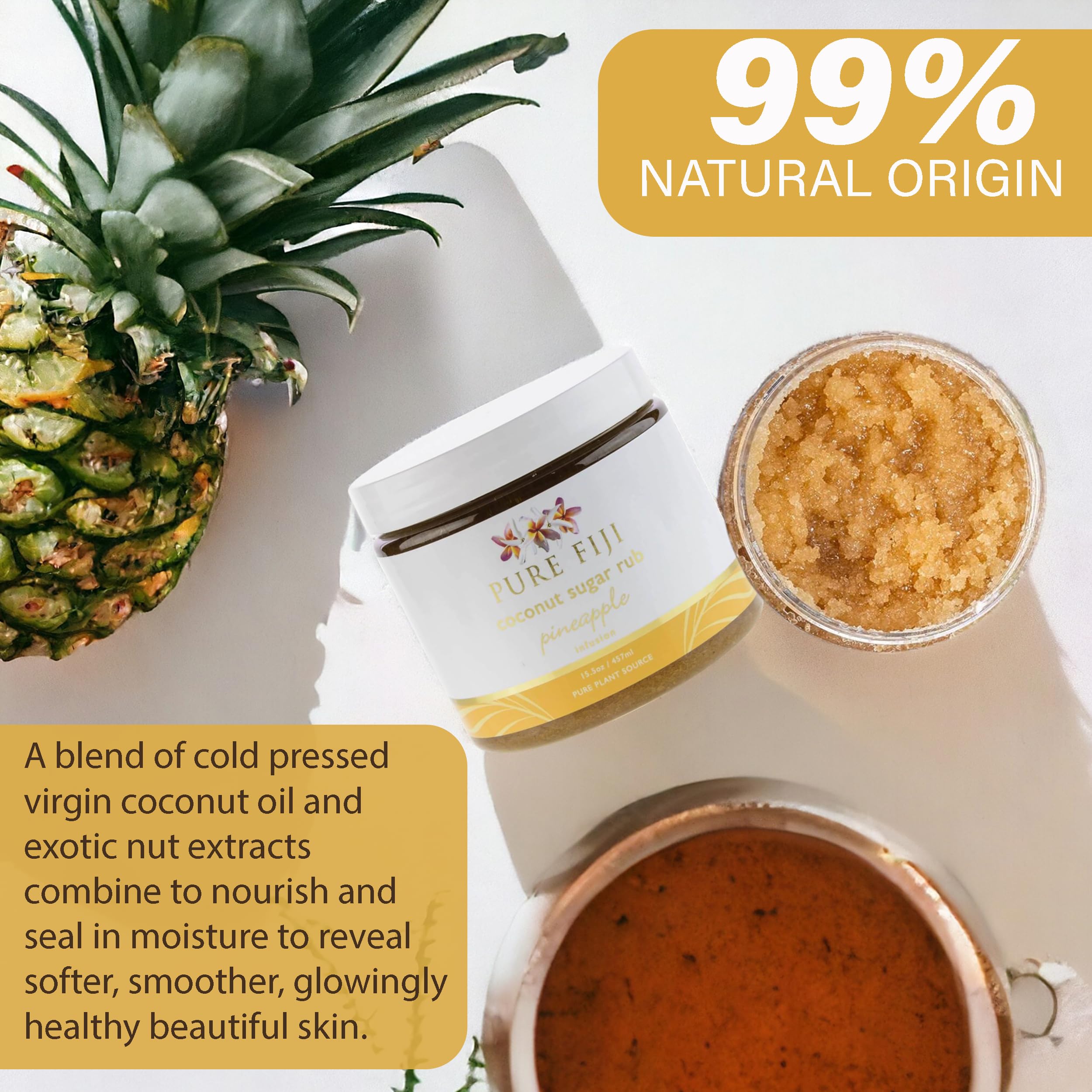 Pure Fiji Coconut Sugar Body Scrub - Natural Organic Exfoliator for Smooth & Soft Skin - Pineapple Scented Body Scrub, 15.5 Oz - Perfect for Spa Days, Dry Skin Treatment & At-Home Self Care