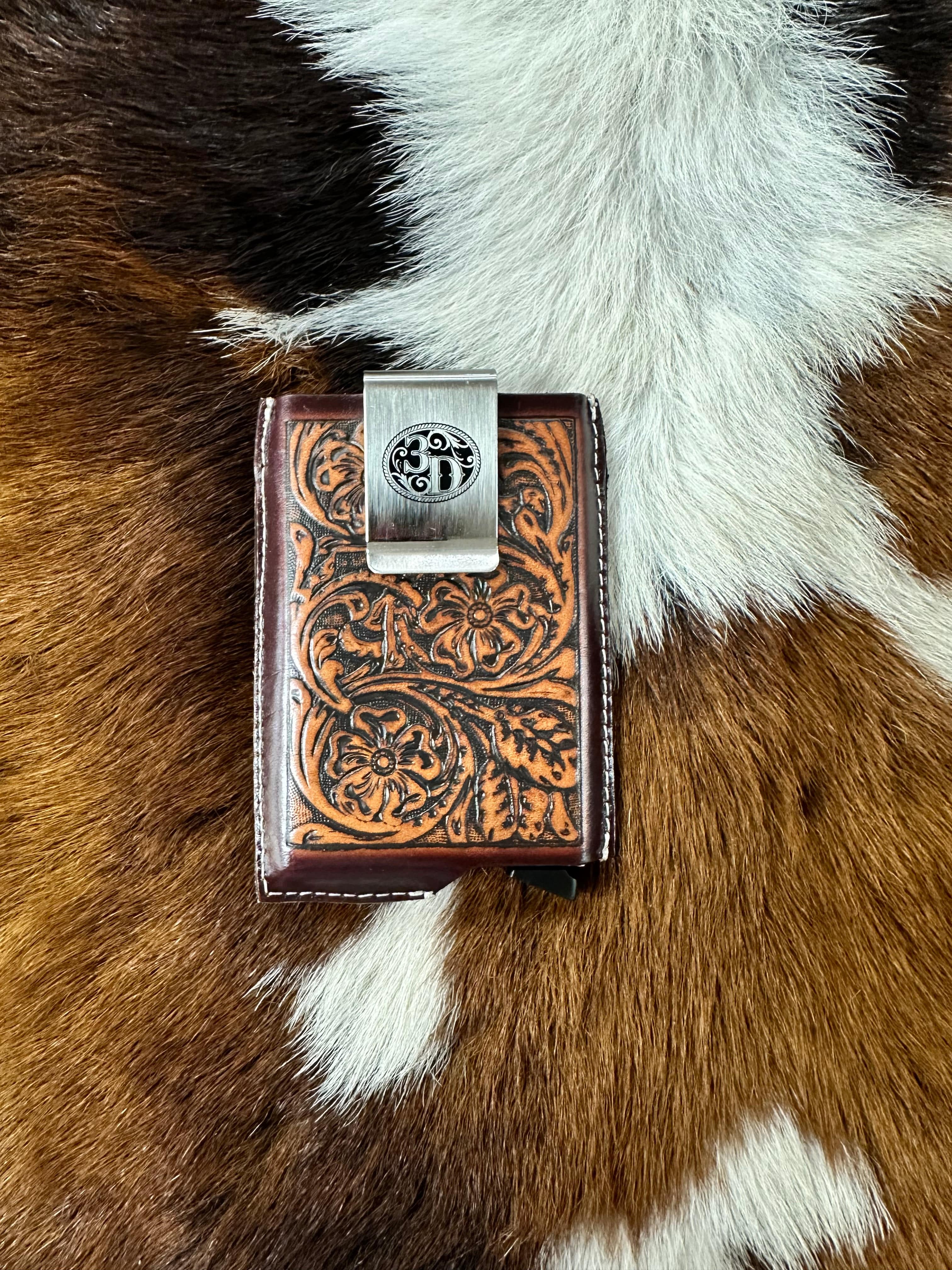 3D Brown Tooled Leather Money Clip & Card Holder - Slim RFID Blocking Wallet for Men - Perfect for Business, Travel, and Everyday Use