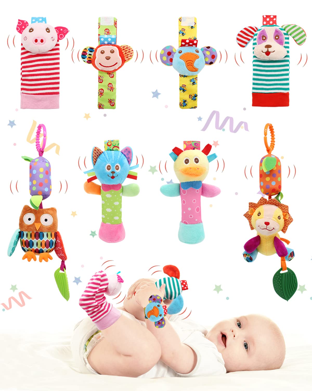 Baby Wrist and Ankle Rattles - Soft Plush Animal Sensory Toys for Newborns & Infants | Clip-On Rattle Socks for Stroller, Car Seat & Playtime | Perfect Gift for Baby Girls & Boys (D8)