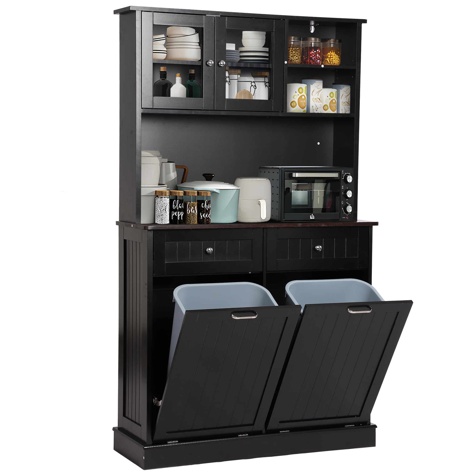 **Tall Freestanding Kitchen Pantry Storage Cabinet with Microwave Shelf & Tilt-Out Trash Bin - Classic Black - Perfect for Small Kitchens & Pantry Organization**