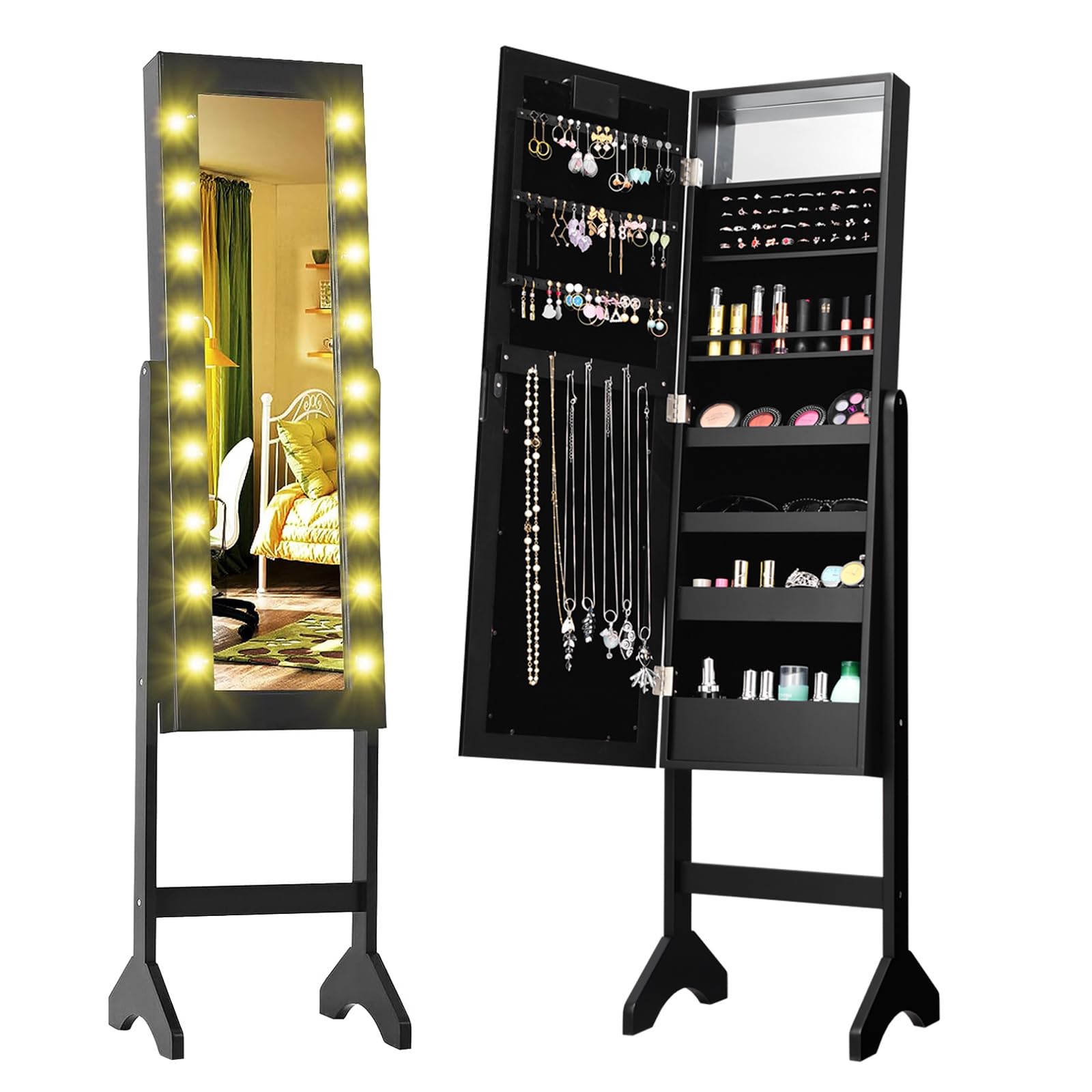 **LDAILY Standing Jewelry Armoire with 18 LED Lights - Mirrored Jewelry Cabinet Organizer for Necklaces, Earrings & Accessories - Full-Length Mirror with Large Storage for Women & Girls (Black) - Perfect for Bedroom, Closet & Dressing Room**