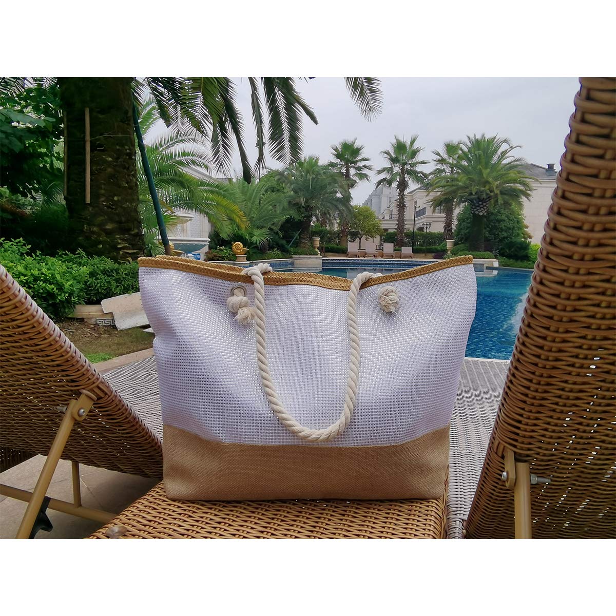 Straw Beach Tote Bag for Women with Zipper - Gym, Pool & Travel