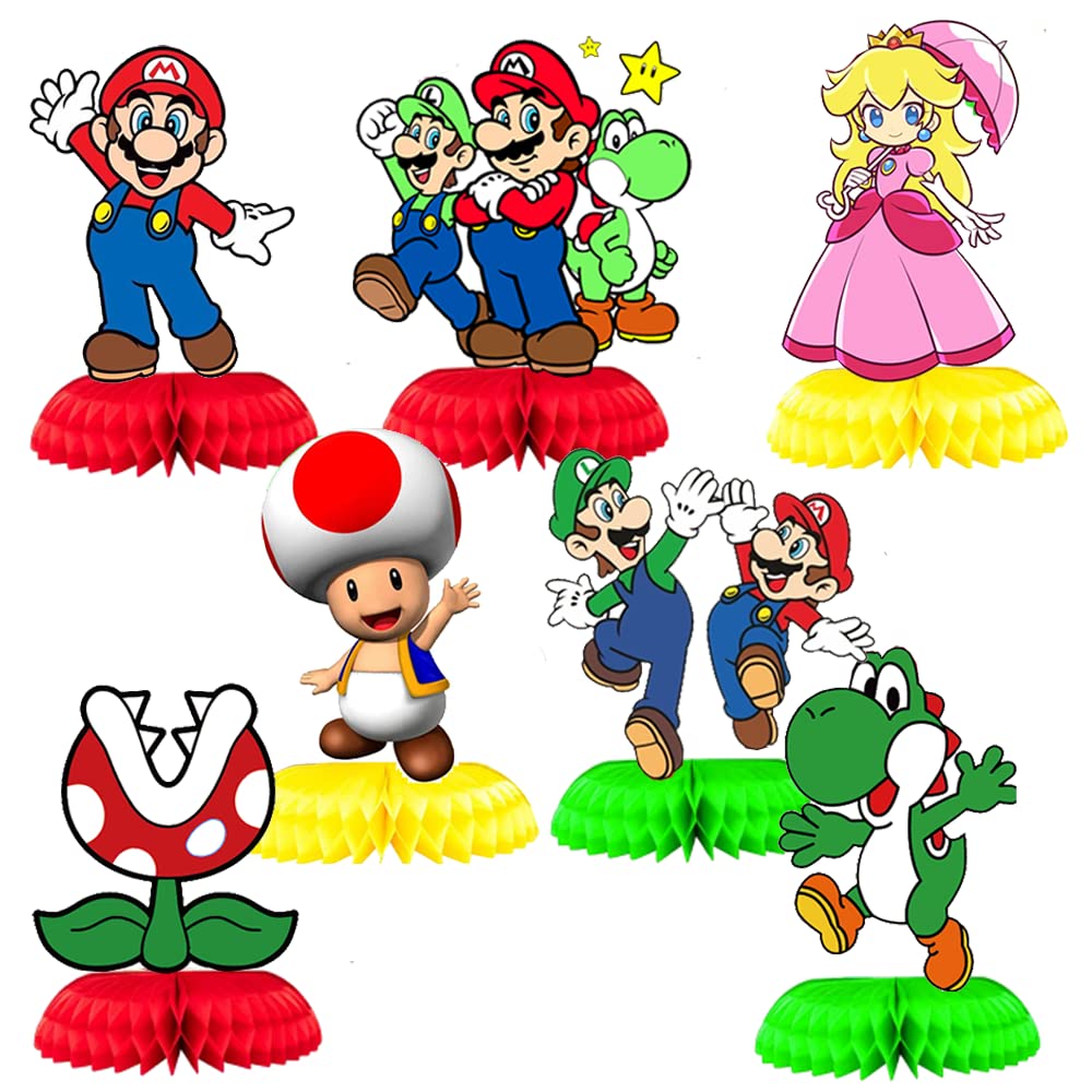 7PCS Mario Birthday Party Honeycomb Centerpieces - Double Sided Cake Topper, Table Decor & Photo Booth Props for Kids | Perfect for Mario Themed Birthday Parties, Baby Showers & Game Night Decorations