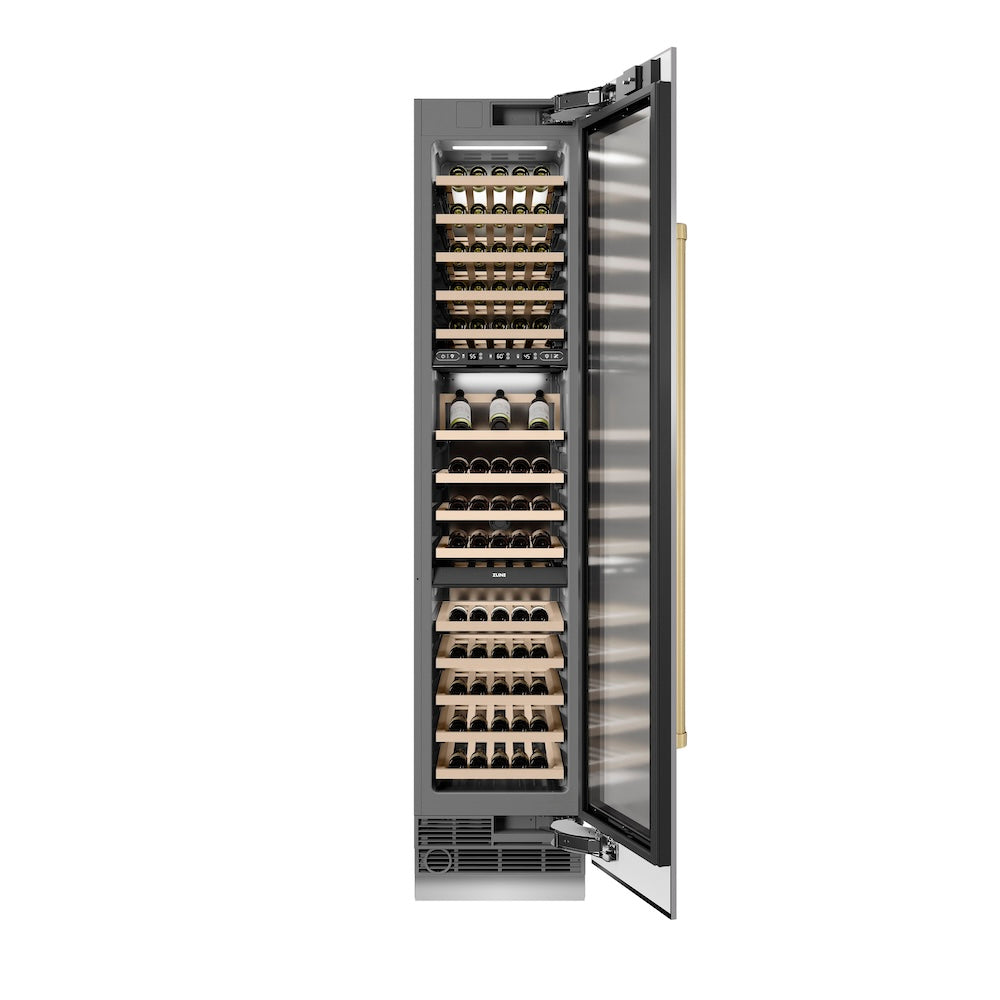 ZLINE Autograph Edition 18 Inch 9.0 cu ft Triple Zone 68 Bottle Right Hinge Stainless Steel Column Wine Cooler with Champagne Bronze Accents - Perfect for Home Bars, Wine Cellars, and Entertaining (RCWVRZ 30418 CB)