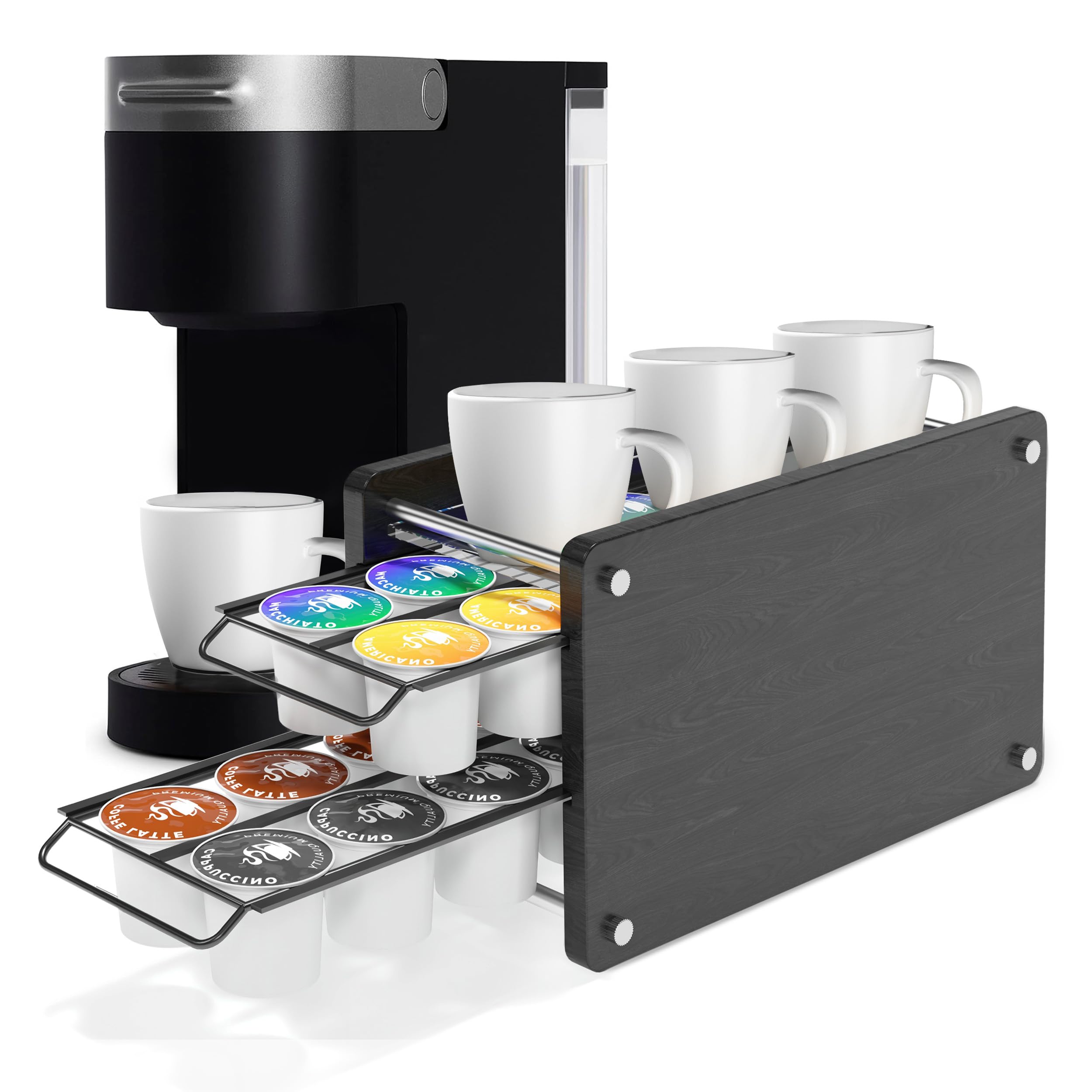 Ibyx 2-Tier Coffee Pod Holder for Keurig K Cups - 20 K Cup Storage Organizer with Sliding Drawer - Clear Plexiglass Top & Metallic Rack - Space Saving Kitchen Counter Organizer (Black) - Perfect for Coffee Stations & Small Kitchens