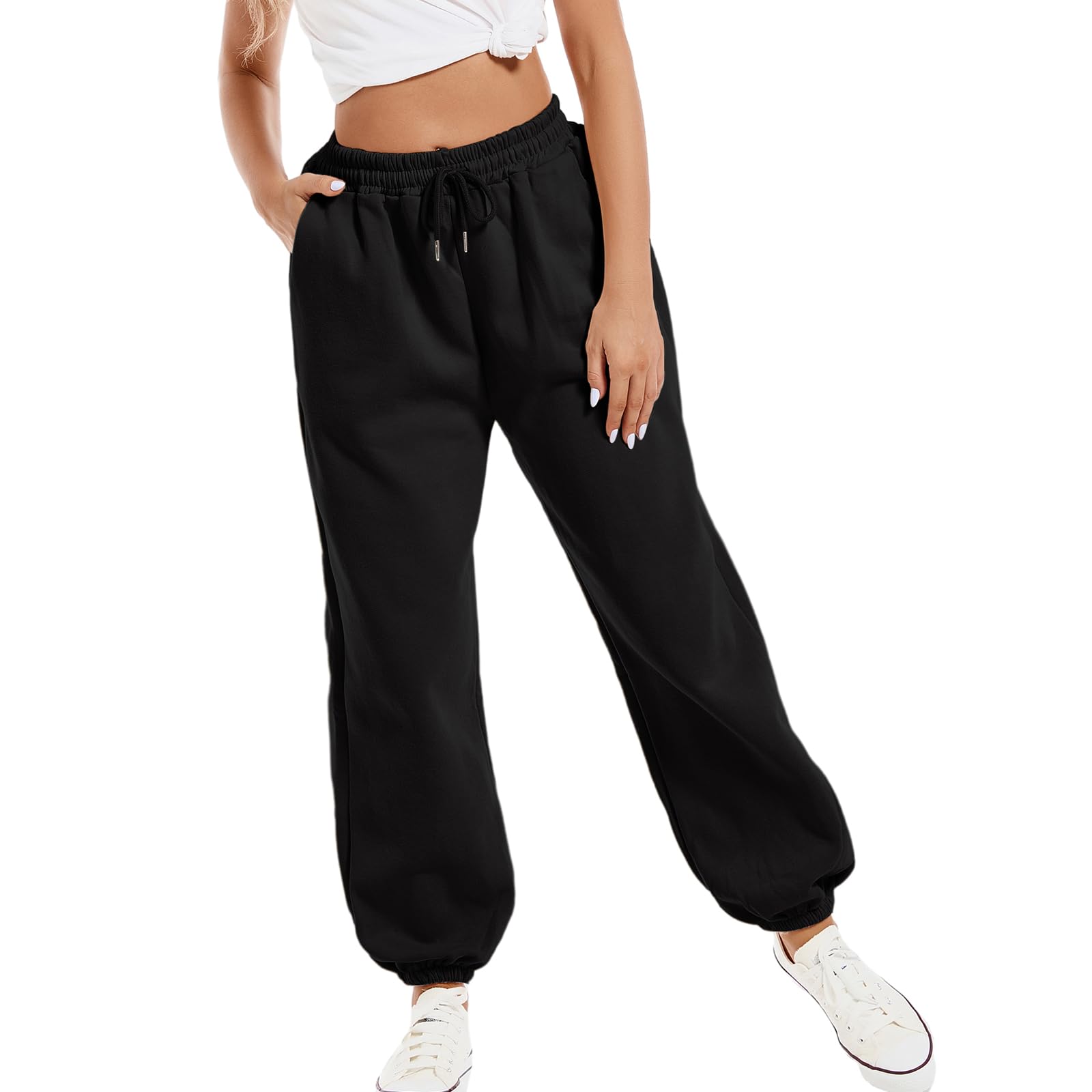 Tuislay Women's High Waisted Baggy Cotton Sweatpants - Elastic Waist Lounge Pants with Pockets for Gym, Jogging & Casual Wear | Comfortable Athletic Fit for Teen Girls & Women