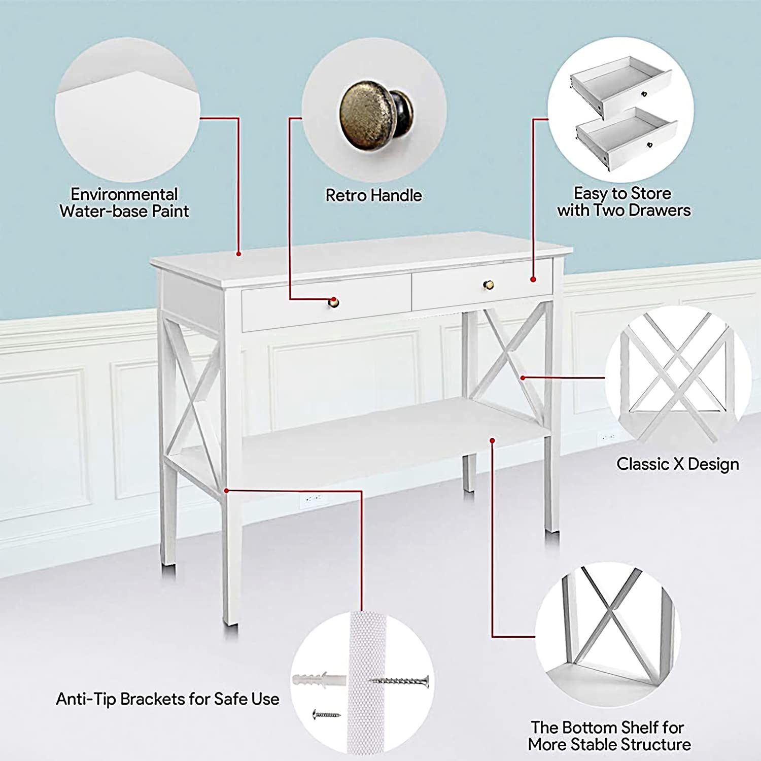 ChooChoo Narrow Console Table with Drawers - White Wooden Sofa Table for Entryway, Hallway & Living Room - Storage Shelf & Accent Design - Perfect for Small Spaces, Home Decor & Apartment Furnishing