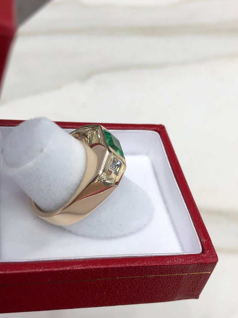 2.14tcw Three Stone Vivid Green Emerald & Asscher Diamond Signet Gypsy Ring for Women | Vintage Inspired Jewelry Gift for Anniversary, Engagement & Special Occasions