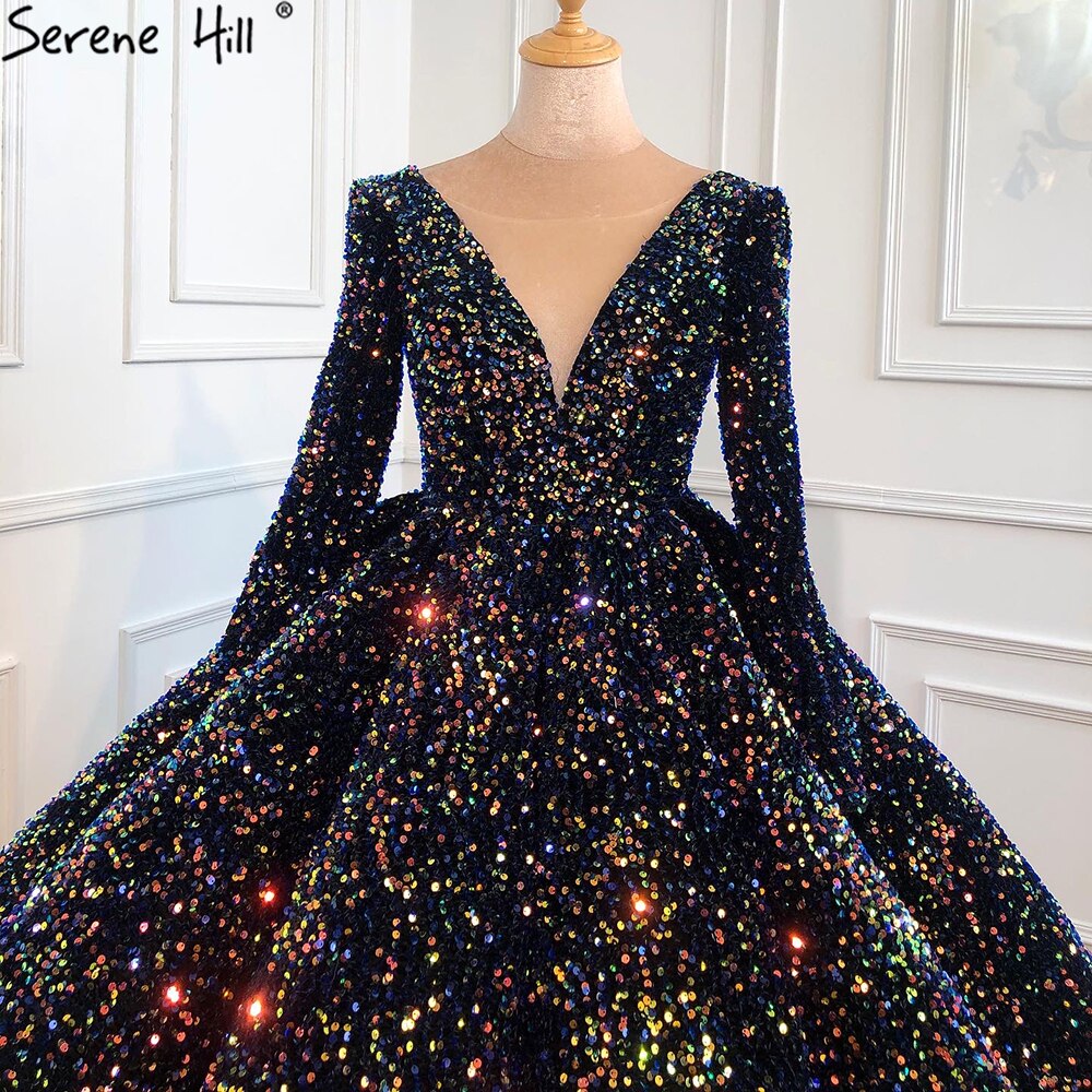 Serene Hill 2025 Indigo Blue & Gold Luxury Wedding Dress with Sequins - Long Sleeve Plus Size Bridal Gown HA2466 (Custom Made) | Perfect for Beach, Church & Formal Weddings