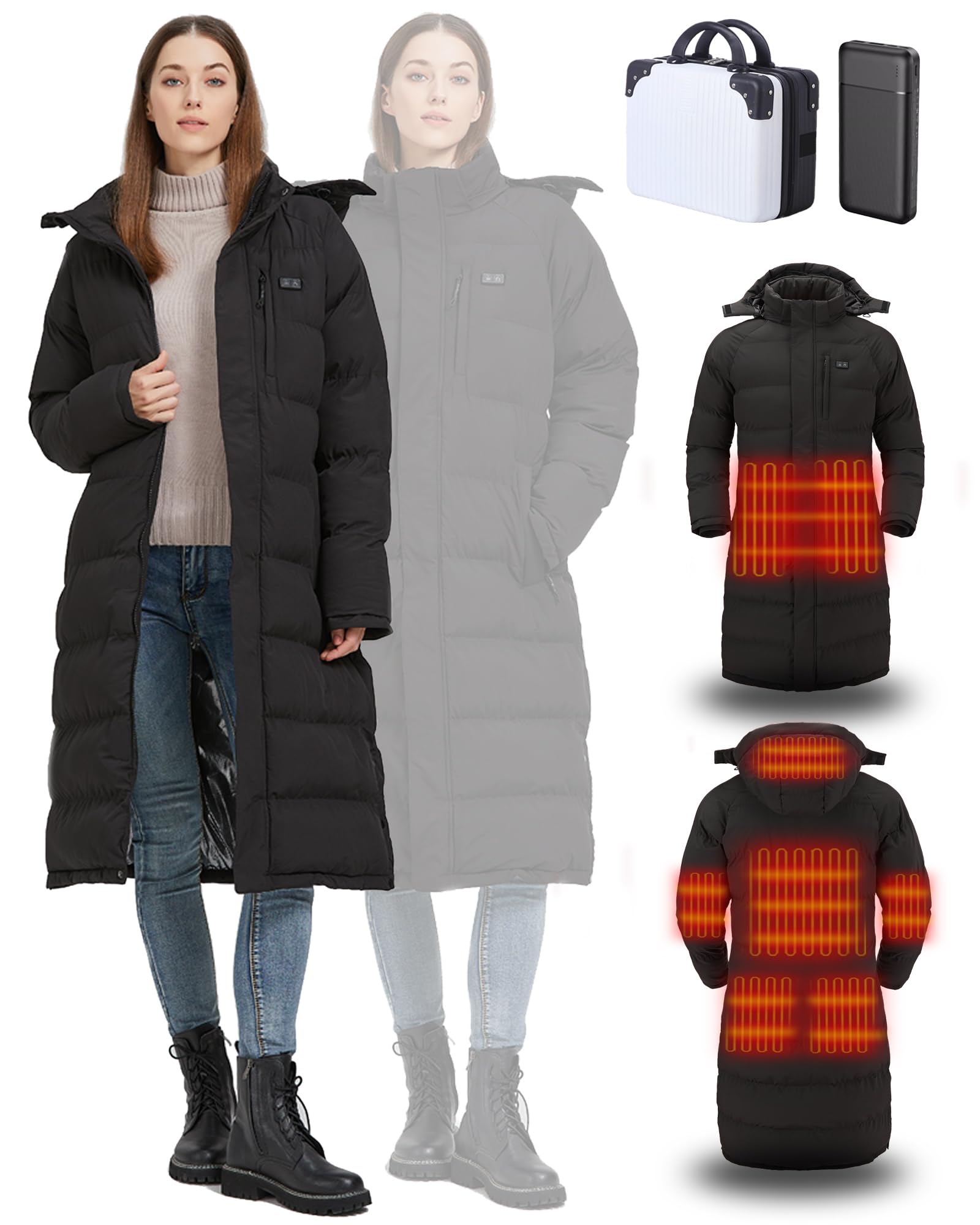 Women's Heated Winter Jacket with Rechargeable Battery Pack - Windproof Long Coat for Outdoor Activities, Hiking & Cold Weather