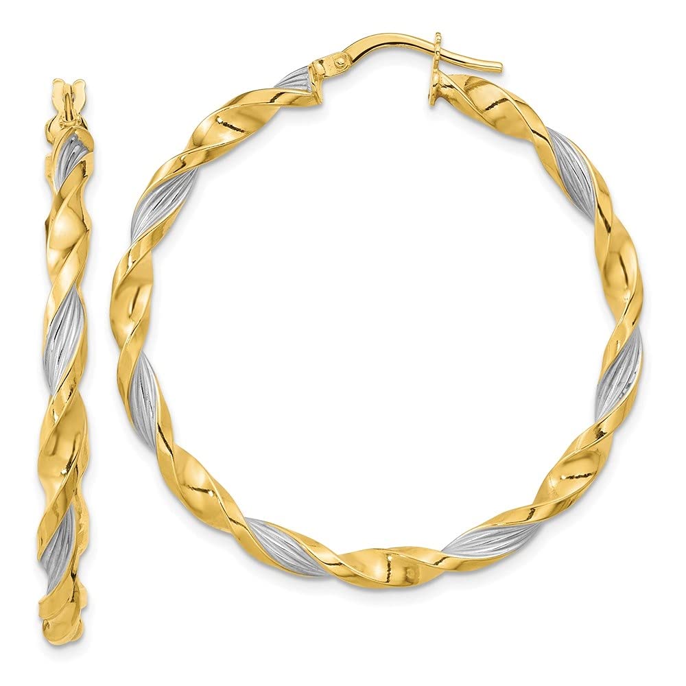 14k Yellow Gold & White Rhodium Textured Twist Hoop Earrings for Women | Diamond2Deal | Elegant Everyday & Party Jewelry Gift