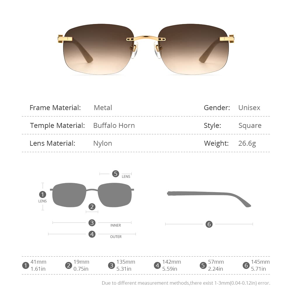 100% Genuine Buffalo Horn Sunglasses for Men - Rimless Square Frame UV Protection - Stylish & Durable for Outdoor Activities, Driving, and Fashion Accessories
