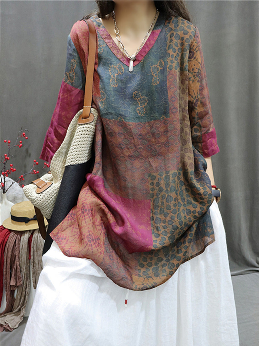 Plus Size Women's Summer Retro Spliced V-Neck Loose Long Shirt - Casual Beach Cover Up & Boho Fashion Tunic Top