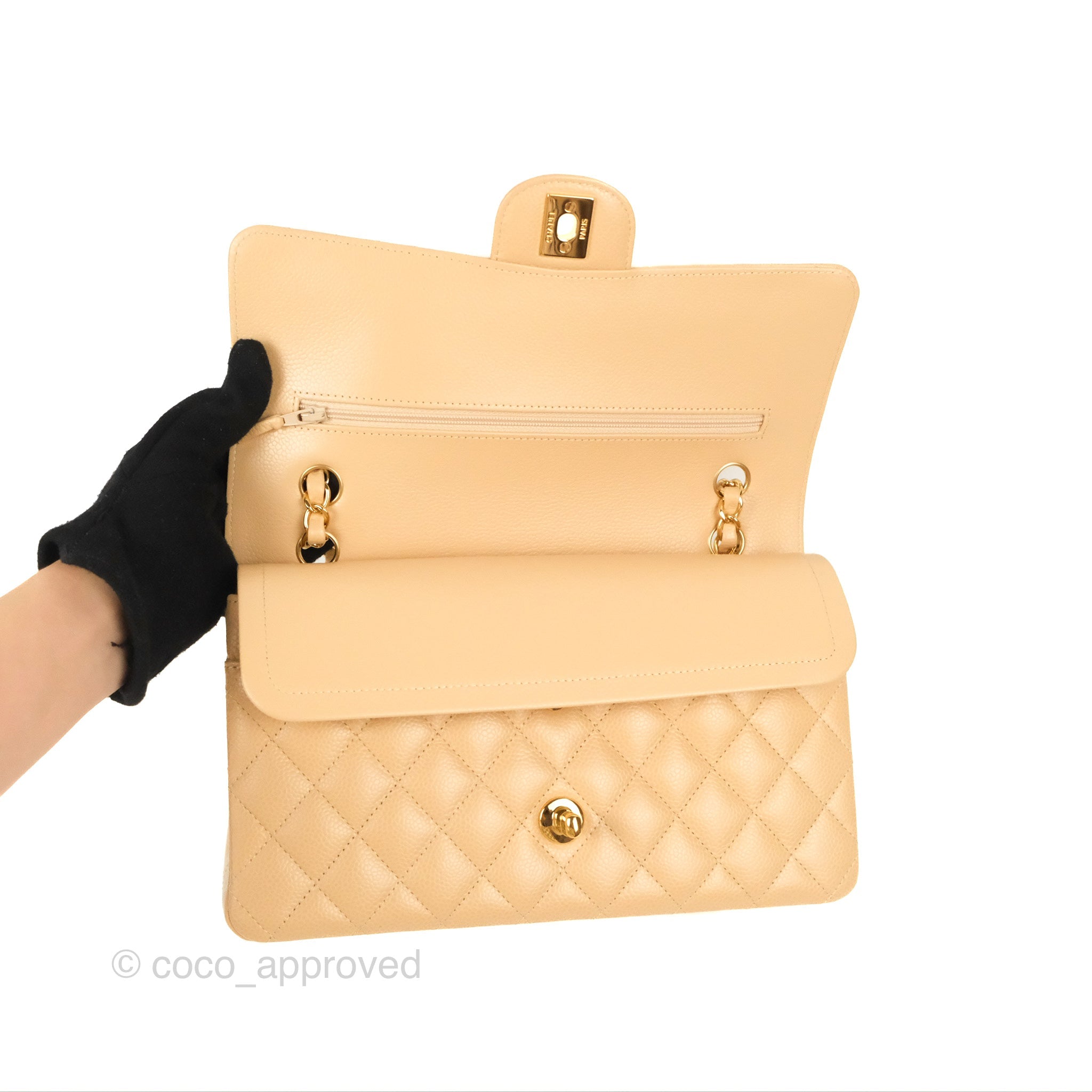 Chanel Classic M/L Medium Double Flap Bag Quilted Beige Caviar Leather with Gold Hardware - Luxury Handbag for Women, Perfect for Work, Parties & Everyday Use