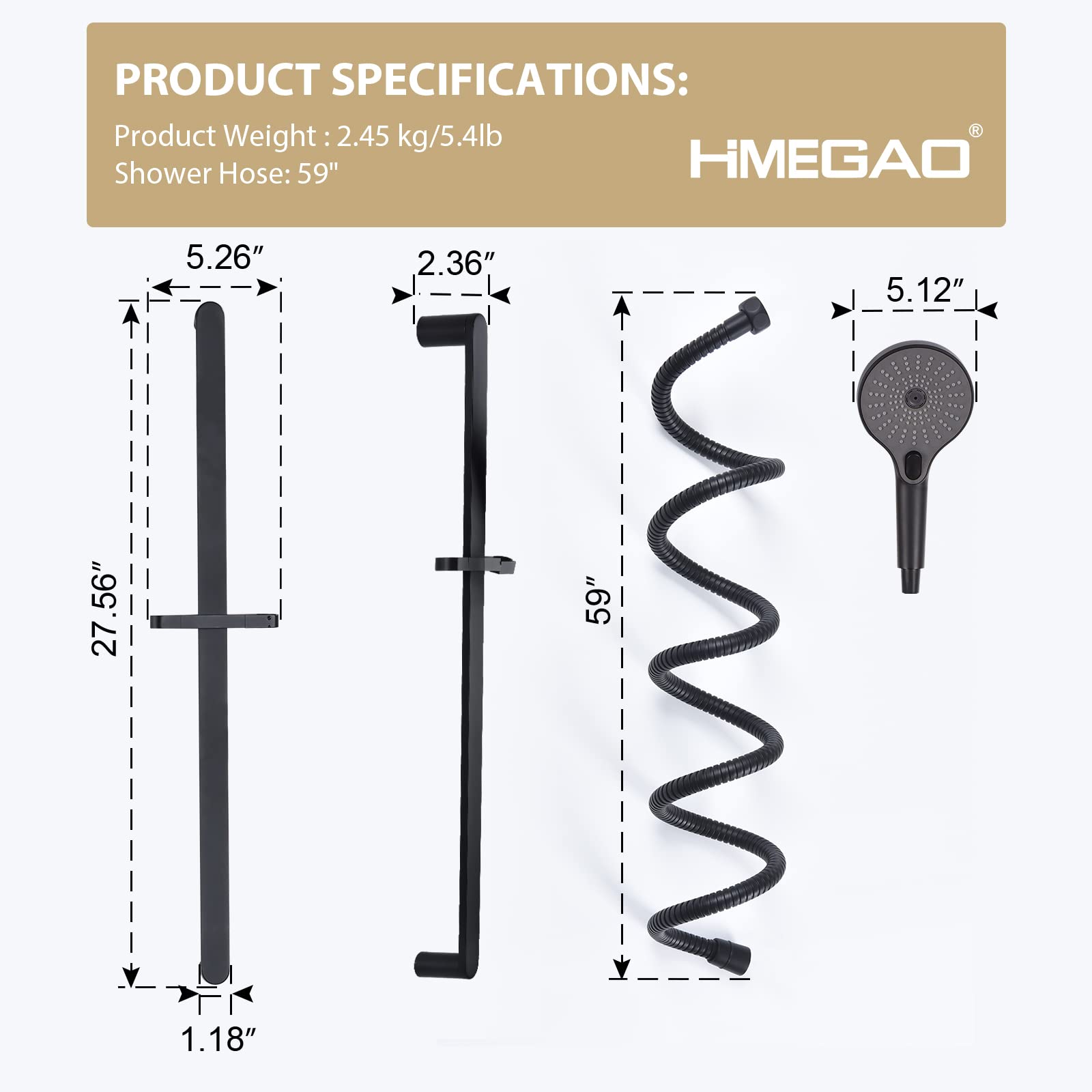 Matte Black Shower Head with Slide Bar - Adjustable Handheld Shower Kit Combo with Hose & Holder Set for Bathroom, Spa, and Relaxing Shower Experience