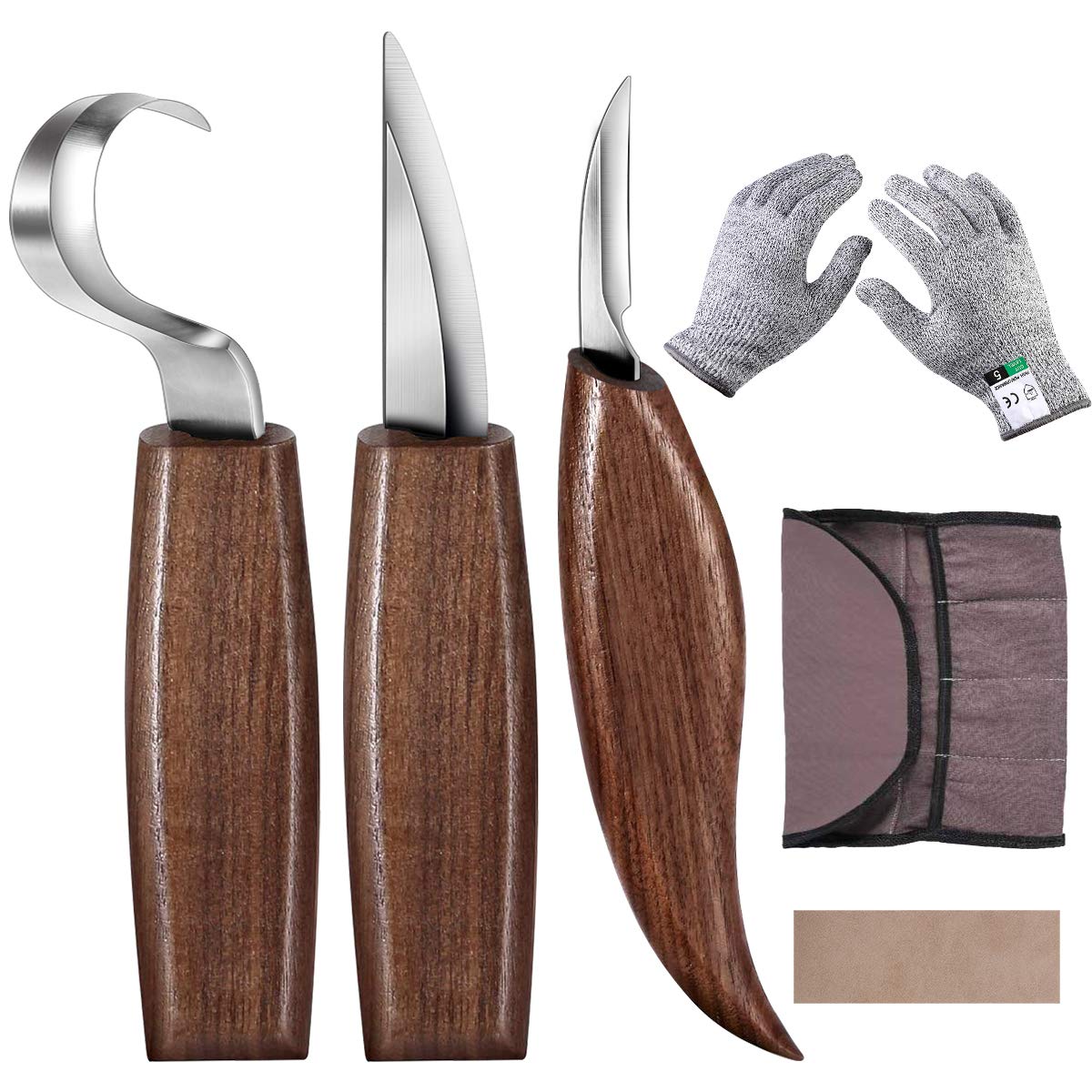 Premium Wood Carving Kit - 6-Piece Whittling Tools Set with Carving Knife, Hook Knife, Leather Strop & Polishing Compound for DIY Woodworking, Hobby Craft & Home Decor Projects