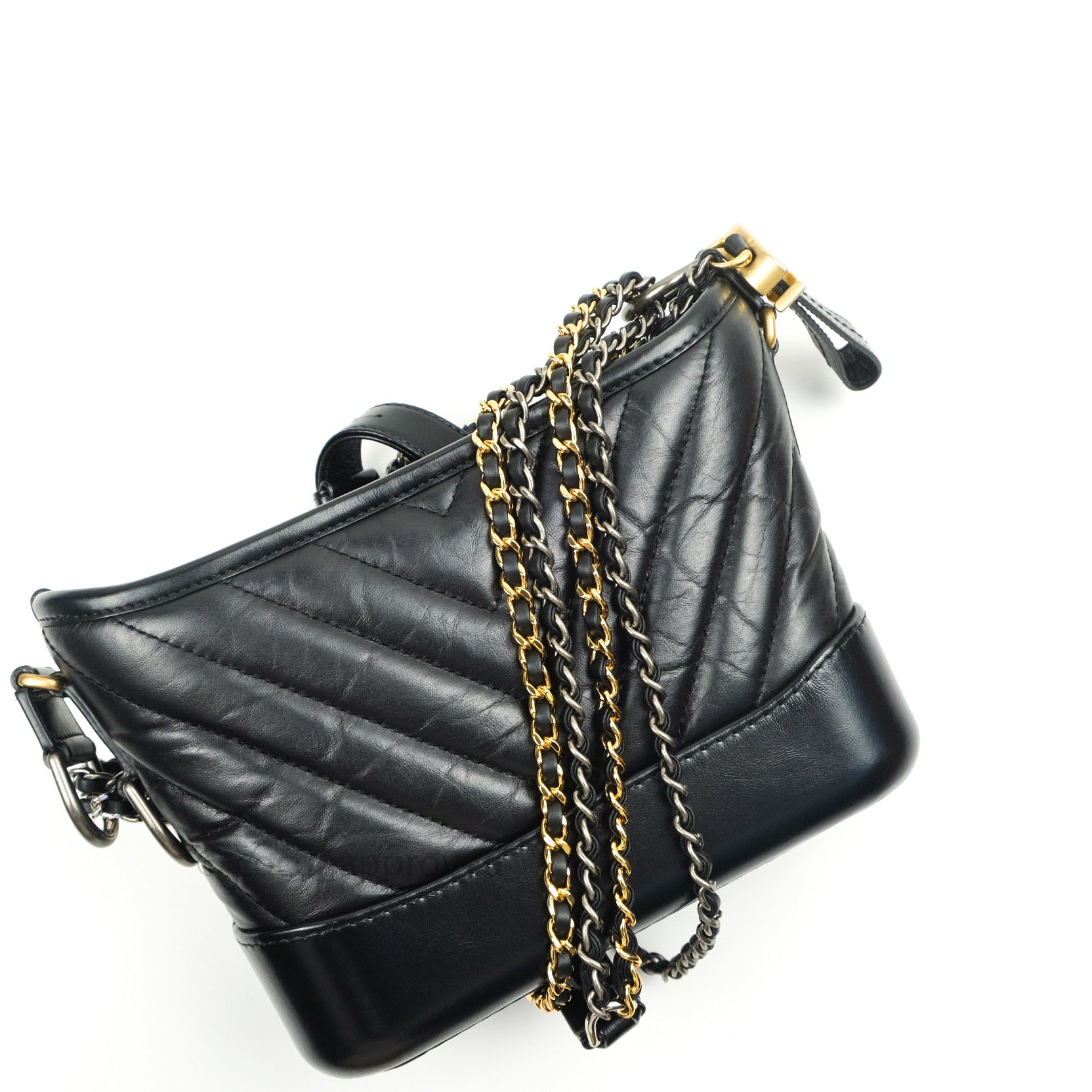 Chanel Small Gabrielle Hobo Bag in Black Calfskin with Chevron Pattern & Mixed Hardware - Perfect for Everyday Use, Work & Special Occasions