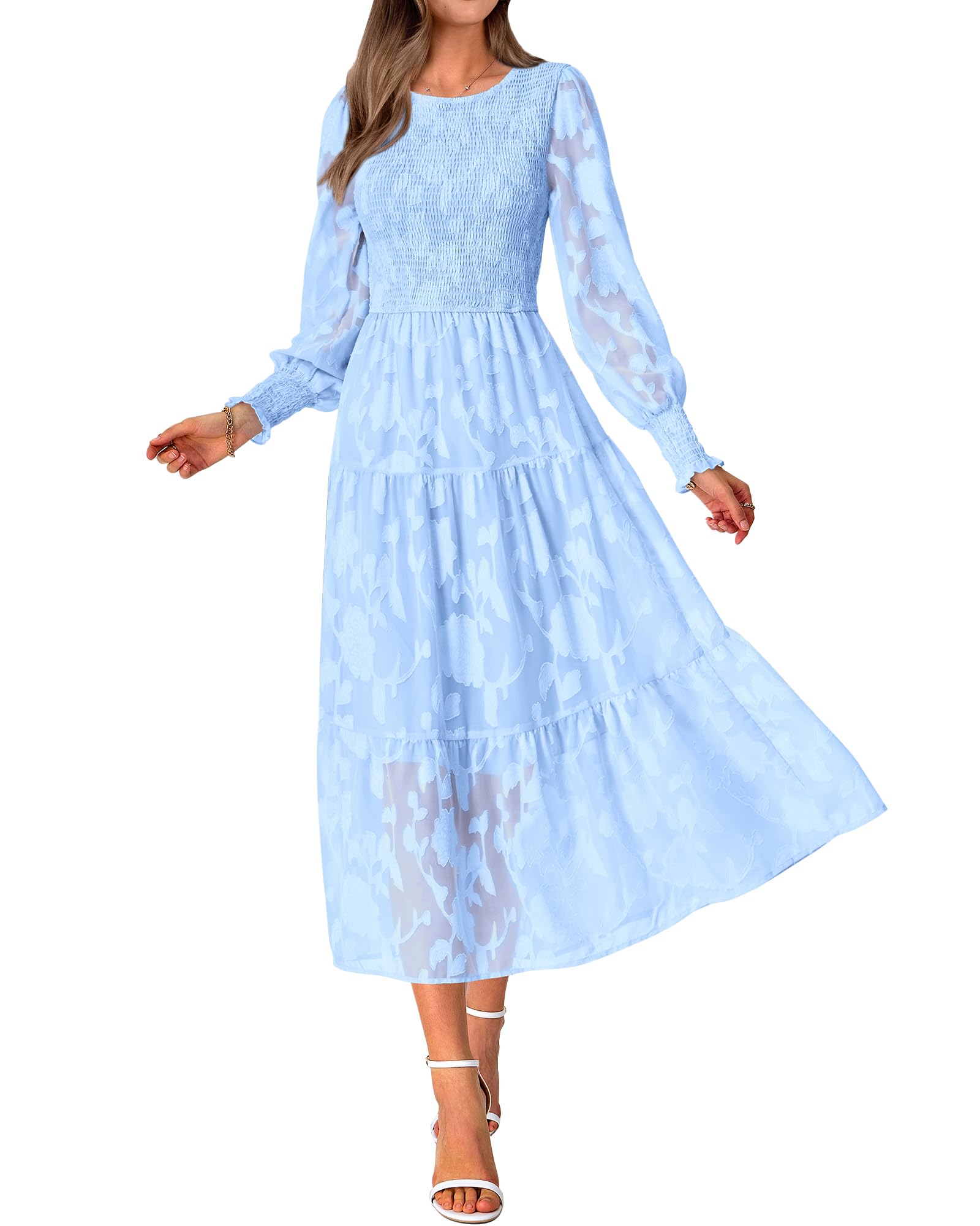 BTFBM Elegant Floral Midi Dress for Women - Long Sleeve Bohemian Wedding Guest Dress - Spring 2025 Casual Flowy Dress for Garden Parties, Bridal Showers & Special Occasions