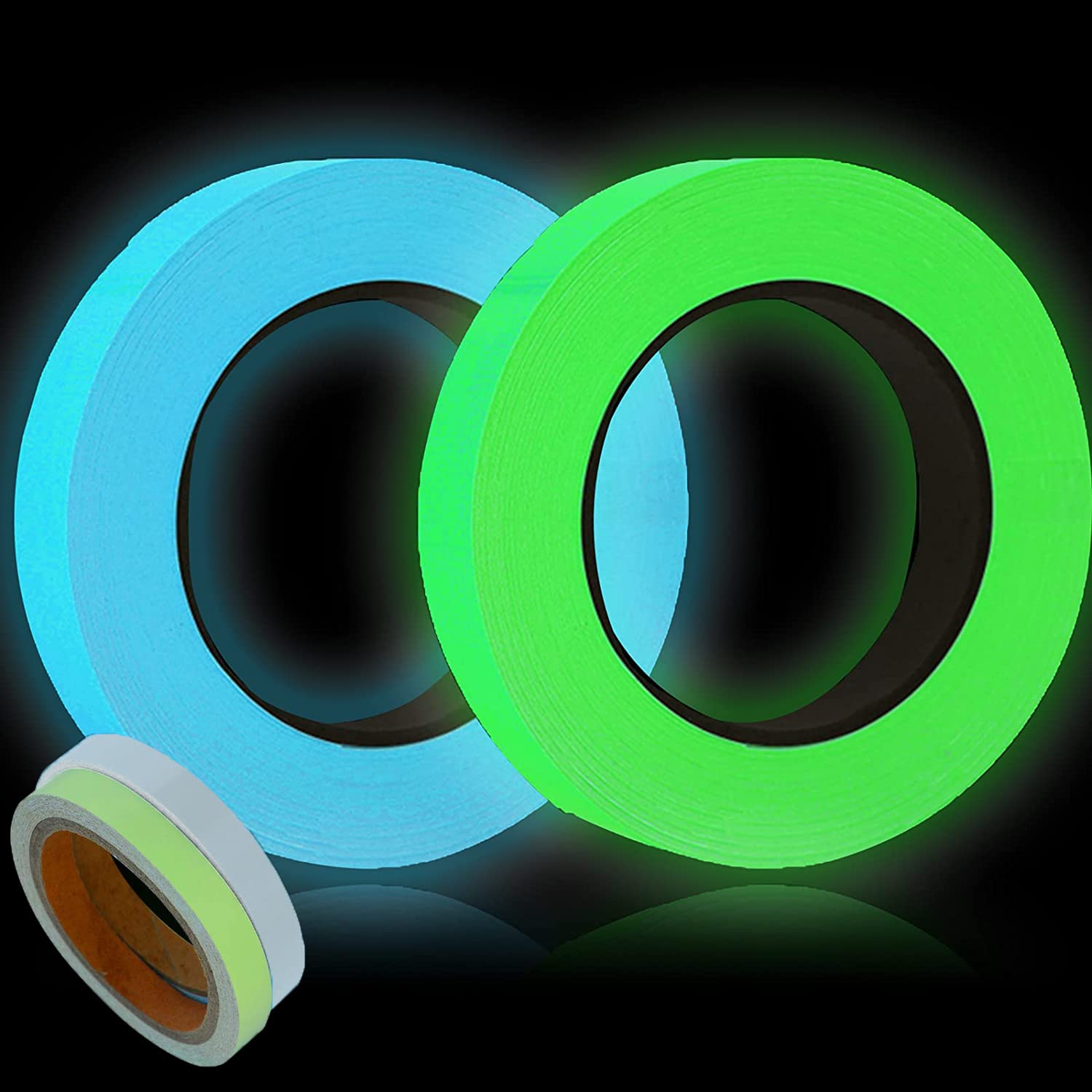 2 Pack Glow in The Dark Tape - 33 Feet x 0.5 Inch Self-Adhesive Photoluminescent Safety Tape for Emergency Exit Signs, Stair Markers, Wall & Floor Path Indicators (Blue & Green) - Perfect for Theaters, Stages, Home Safety & Power Outages