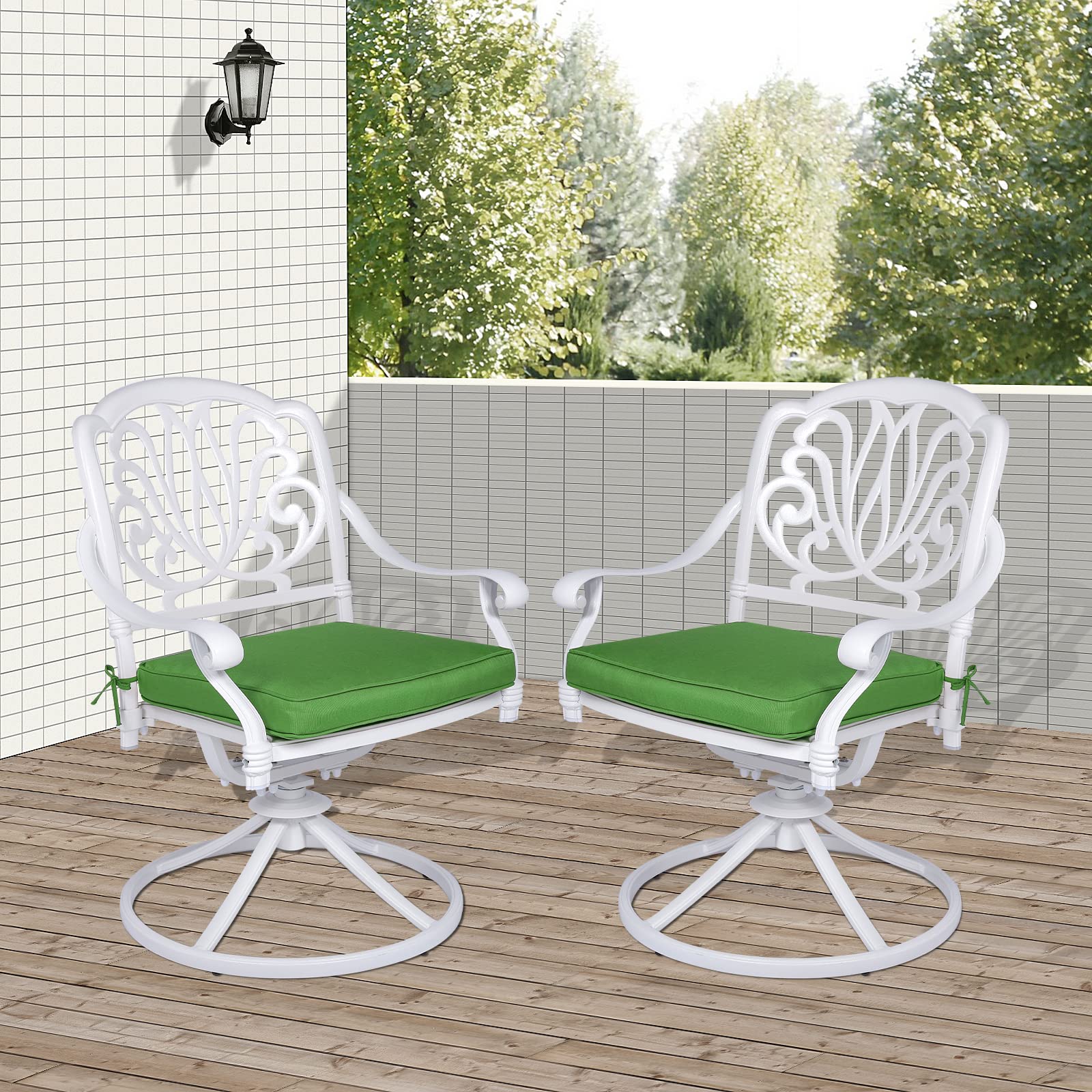 VIVIJASON 2-Piece Outdoor Bistro Swivel Dining Chairs Set - Patio Cast Aluminum Rocking Chairs with Cushions - Weather-Resistant Garden, Balcony, Backyard, Lawn Furniture - Perfect for Outdoor Dining, Relaxing & Entertaining - White