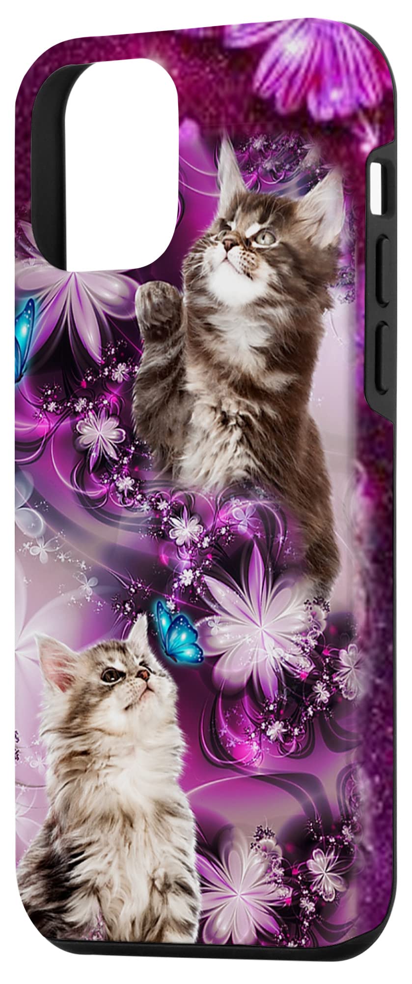 iPhone 12 Mini Case with Cute Maine Coon Cat Kitten, Flowers & Butterflies Design - Durable PC Protective Cover for Everyday Use, Work & School