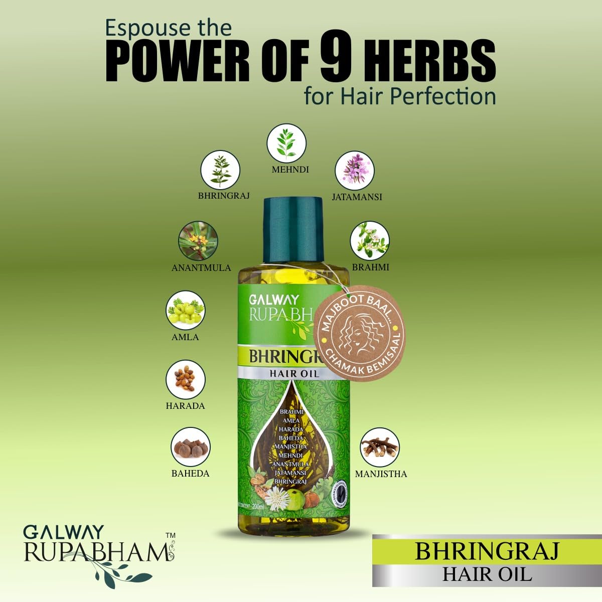 Galway Rupabham Bhringraj Hair Oil with 9 Rare Herb Extracts | Natural Ayurvedic Hair Growth Treatment | For Dry, Damaged Hair & Scalp Care | Perfect for Daily Nourishment & Styling