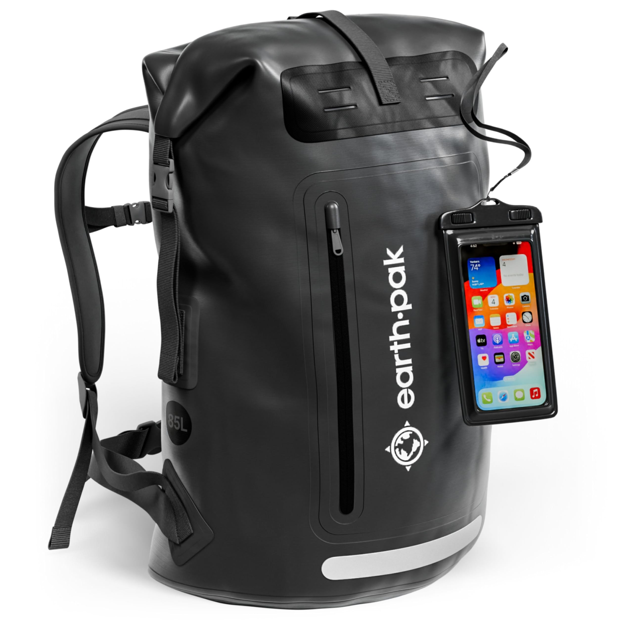 **Earth Pak Waterproof Backpack - Heavy Duty Roll-Top Dry Bag with Front Zipper Pocket & Waterproof Phone Case - Ideal for Hiking, Kayaking, Travel & Outdoor Adventures**