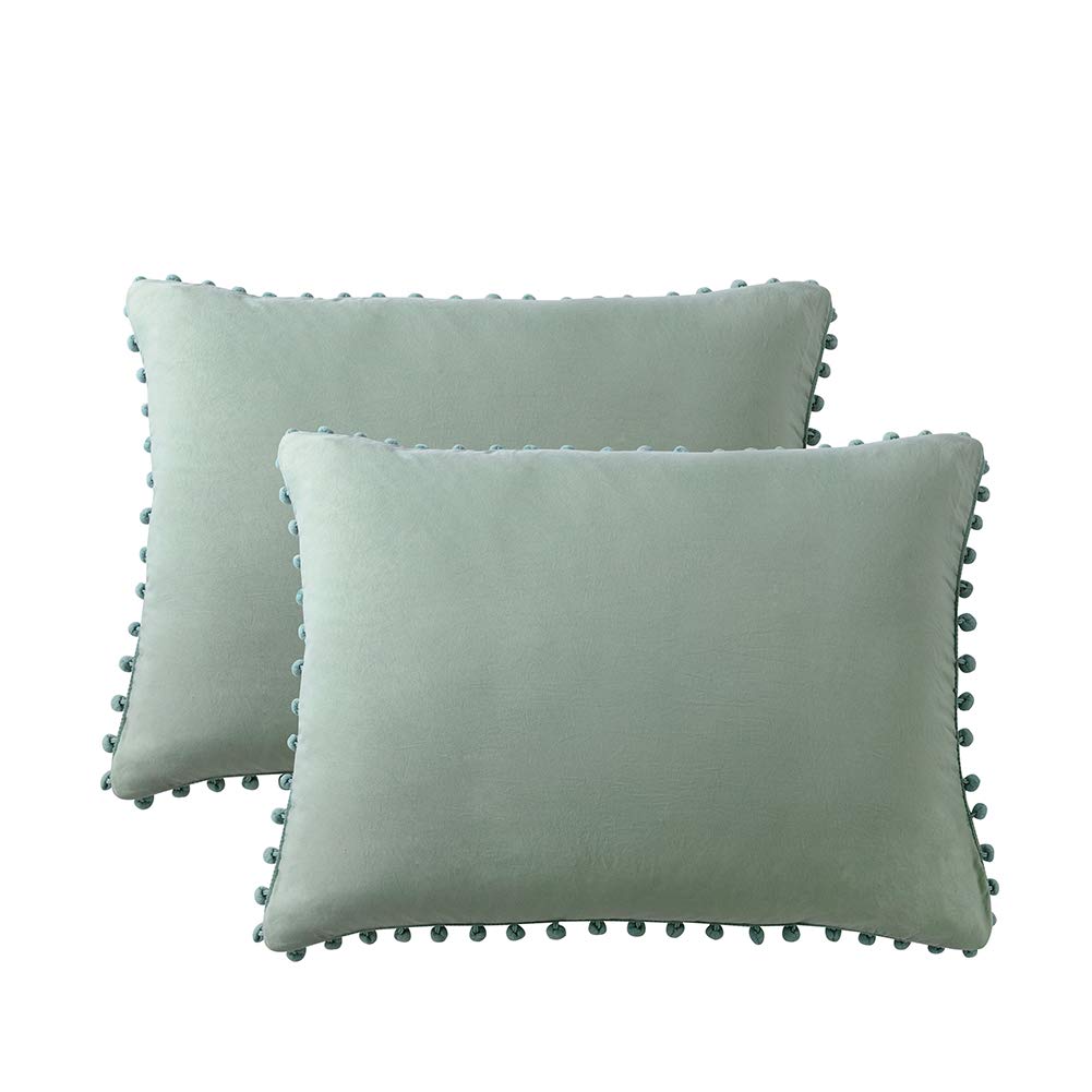 Feelyou 2-Pack Luxury Ball Fringe Pillowcases for Women - Soft Microfiber Pillow Shams in Solid Green, Standard/Queen Size with Envelope Closure - Perfect for Bedroom Decor, Guest Rooms & Cozy Home Styling