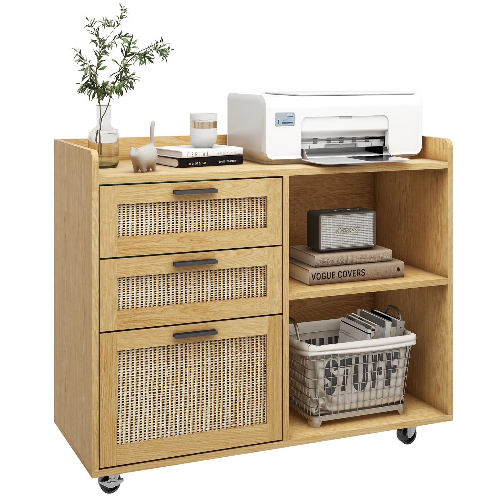 3-Drawer Mobile File Cabinet with Lock - Wooden Lateral Filing Cabinet & Printer Stand with Open Shelves for Home Office - Hanging File Storage for Letter/A4 Size Documents - Perfect for Workspace Organization & Small Office Storage