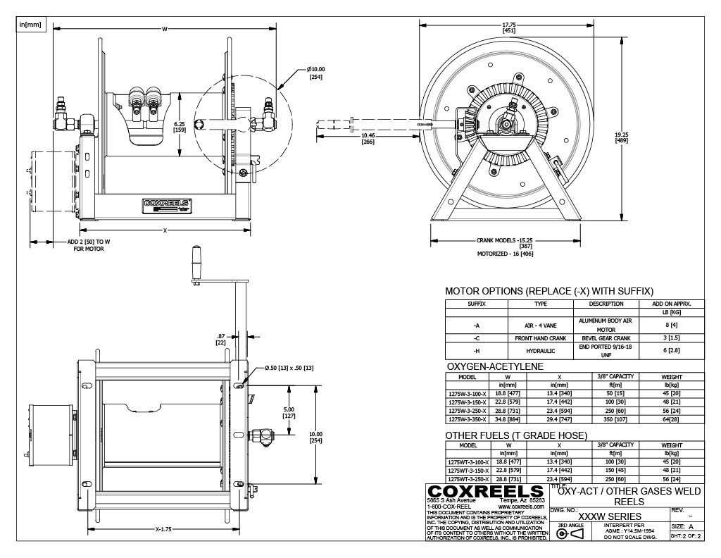 Dual Hose Hand Crank Welding Reel for Oxy-Acetylene | Coxreels 1275WL-3-150-C | 3/8