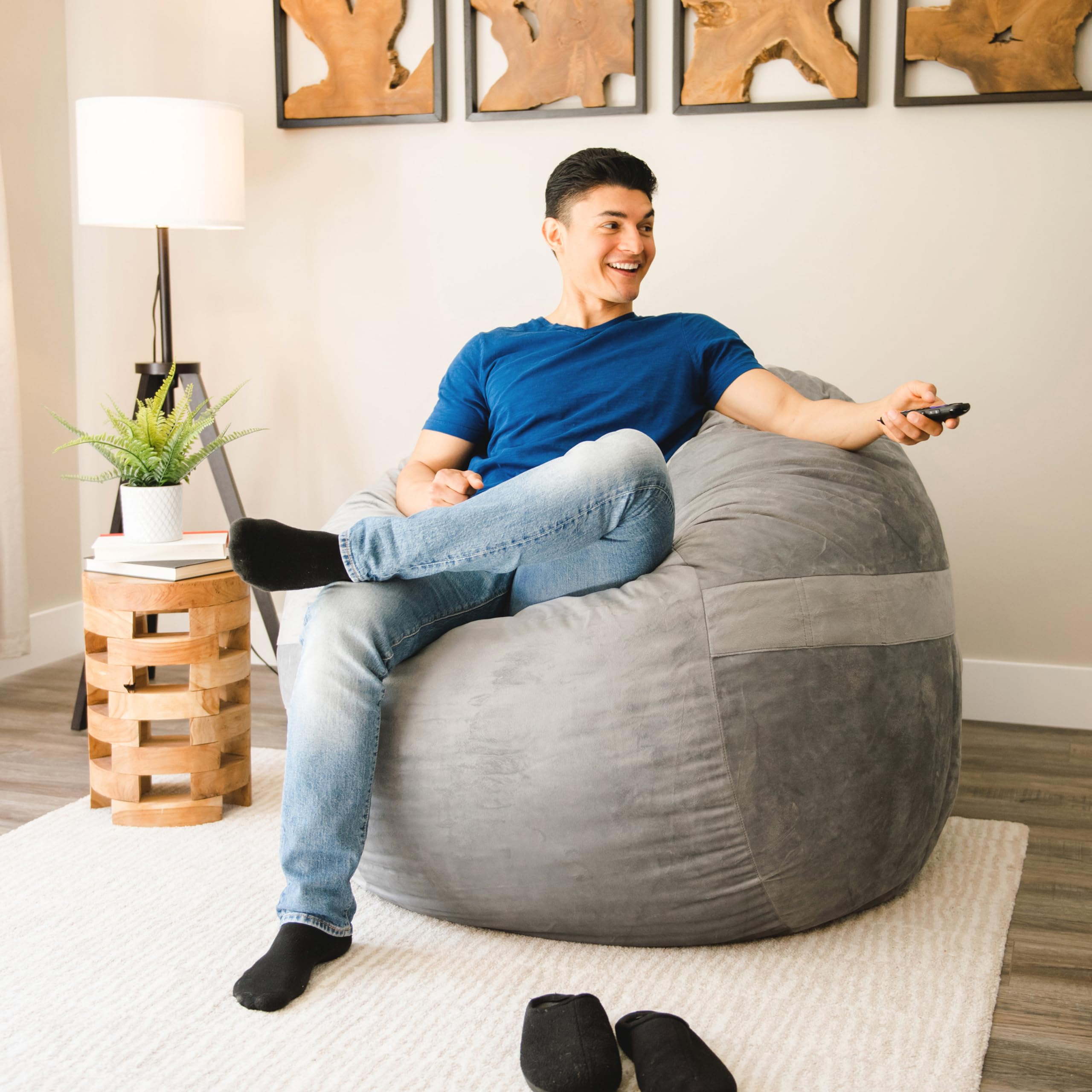 Big Joe Fuf Large Foam Filled Bean Bag Chair with Removable Cover - Ultra Soft Gray Plush Polyester, 4 Feet Oversized Comfort for Adults & Teens - Perfect for Living Room, Game Room, Dorm & Relaxation
